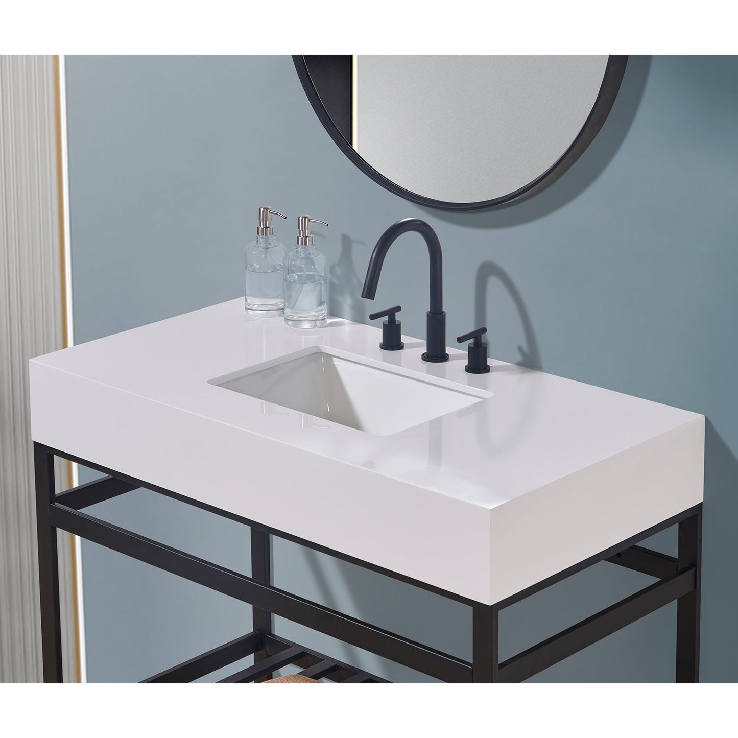 42" Composite Stone Vanity Top in Snow White Apron with White Sink