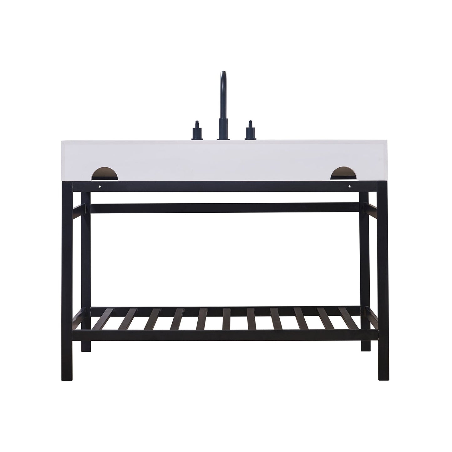 Edolo 48" Single Stainless Steel Vanity Console in Matt Black with Snow White Stone Countertop without Mirror