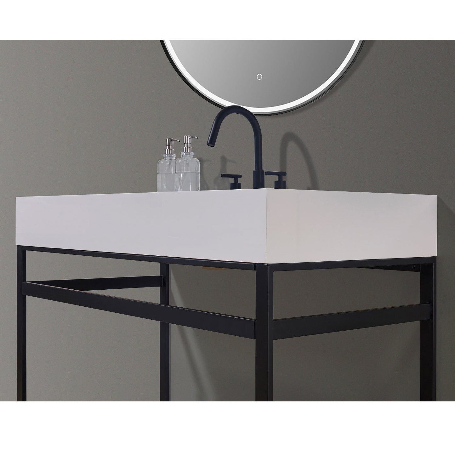 Edolo 48" Single Stainless Steel Vanity Console in Matt Black with Snow White Stone Countertop and Mirror