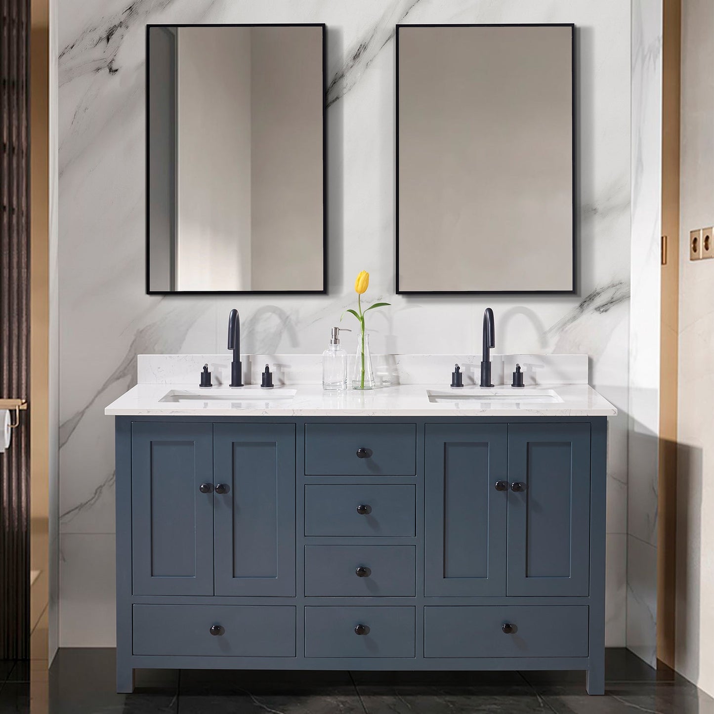 61" Composite Stone Vanity Top in Aosta White with Double White Sink