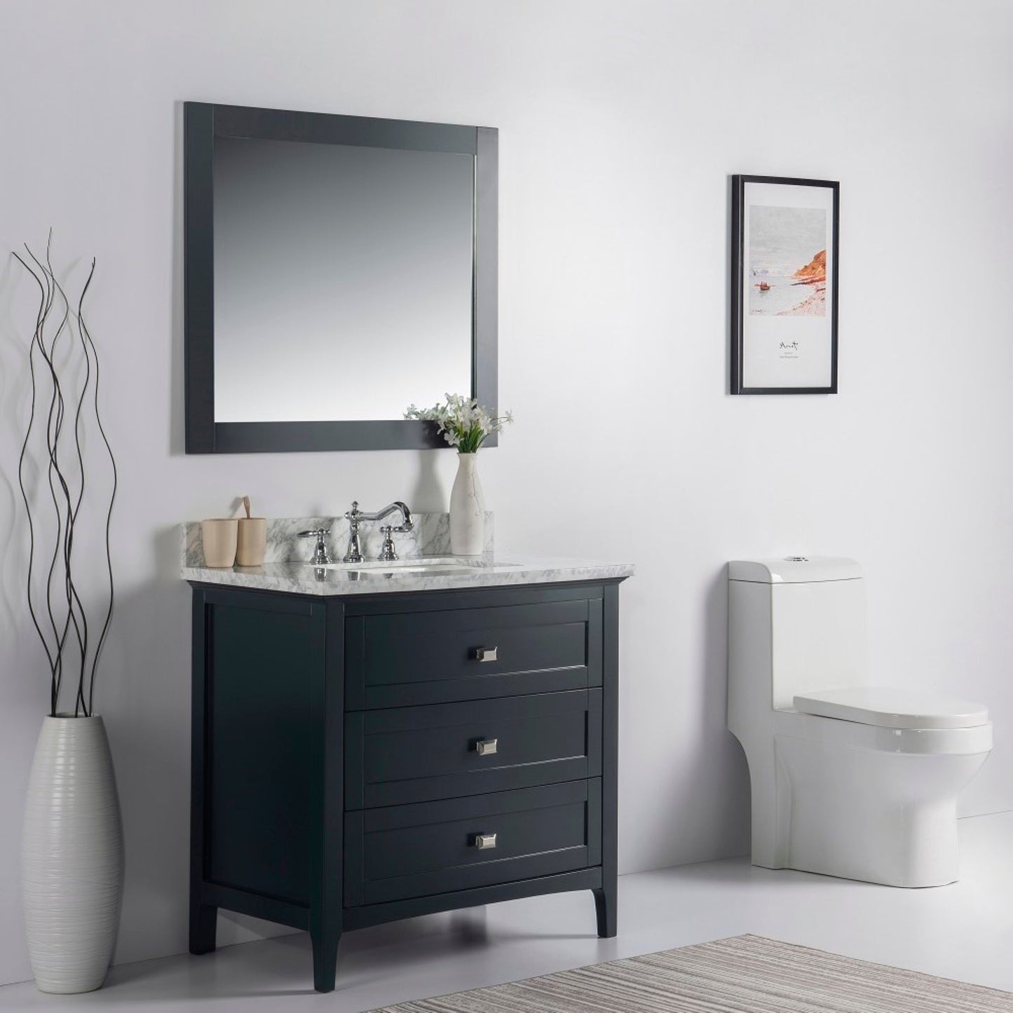 36" Single vanity dark gray white marble top