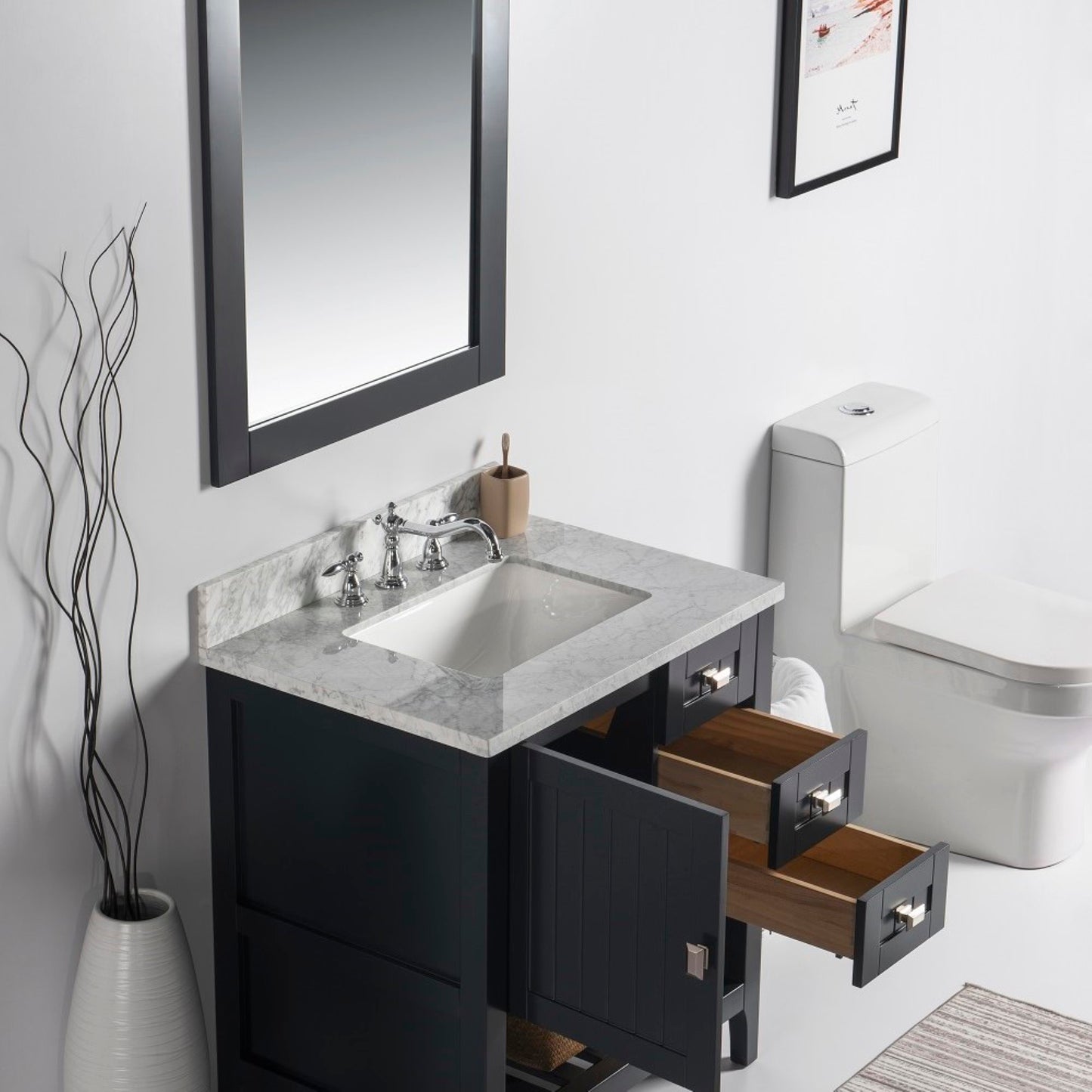 31" Single vanity dark gray white marble top