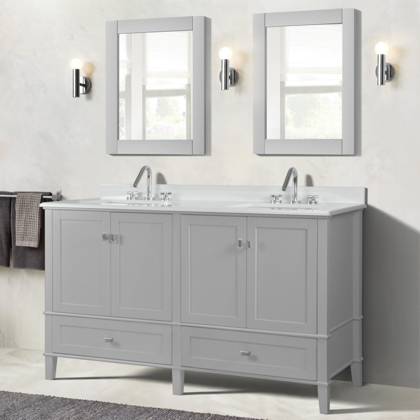 61" DOUBLE VANITY IN L/GRAY WITH ENGINEERED STONE TOP