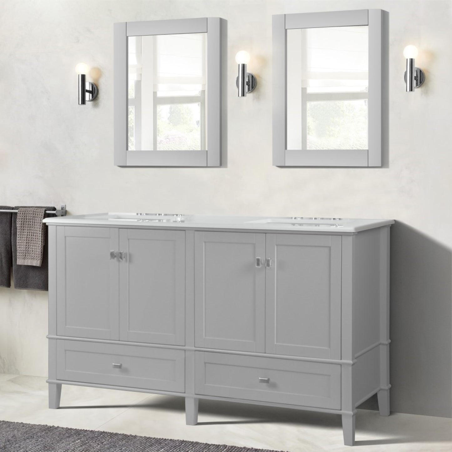 61" DOUBLE VANITY IN L/GRAY WITH ENGINEERED STONE TOP