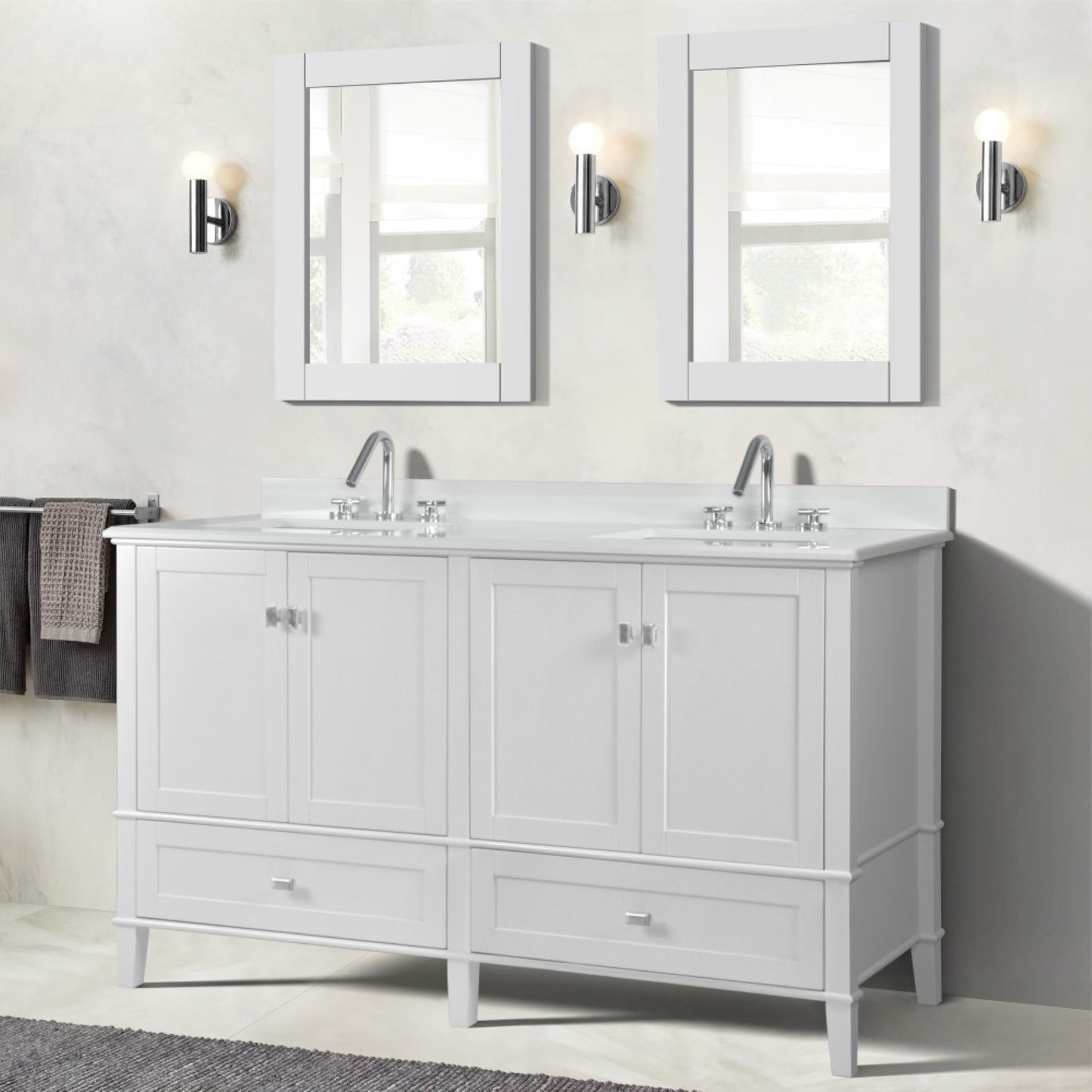 61" DOUBLE VANITY IN WHITE WITH ENGINEERED STONE TOP