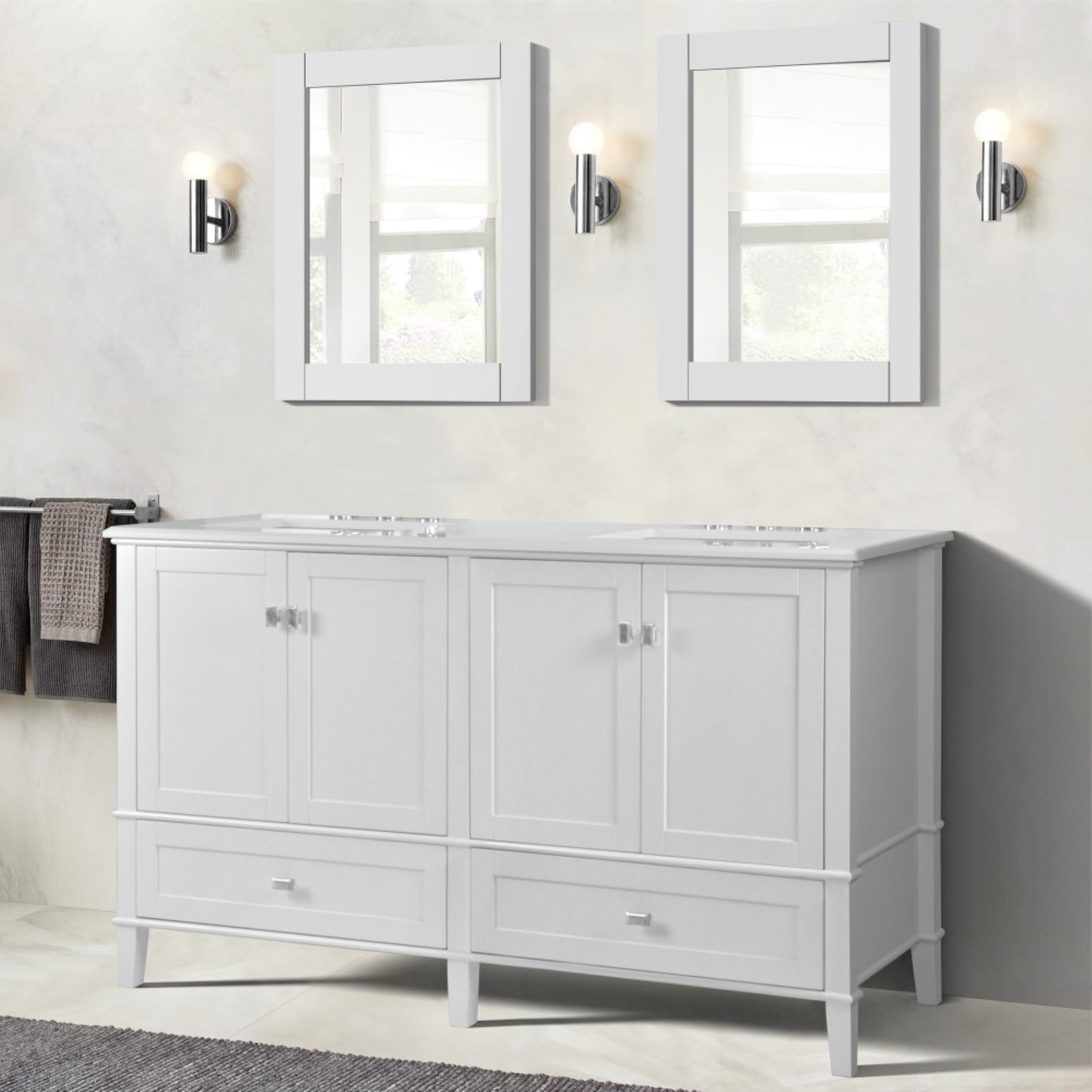 61" DOUBLE VANITY IN WHITE WITH ENGINEERED STONE TOP
