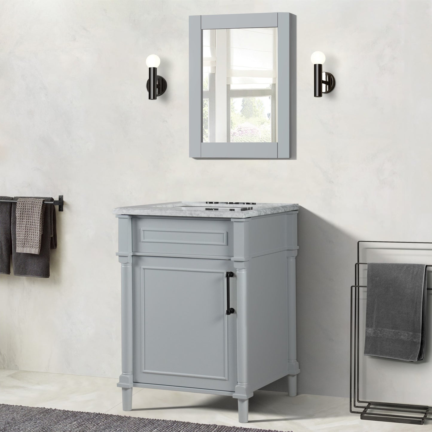 24" SINGLE VANITY IN L/GRAY WITH WHITE CARRRA MARBLE TOP