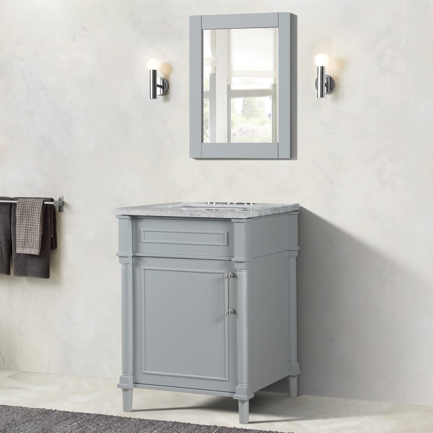 24" SINGLE VANITY IN L/GRAY WITH WHITE CARRRA MARBLE TOP