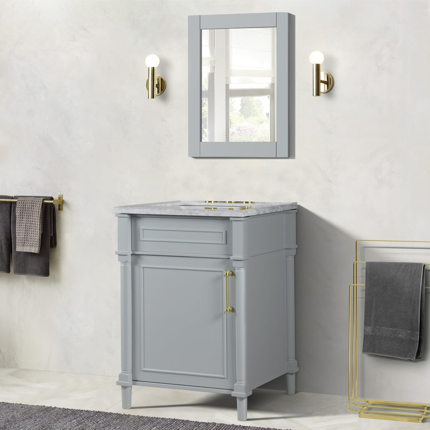 24" SINGLE VANITY IN L/GRAY WITH WHITE CARRRA MARBLE TOP