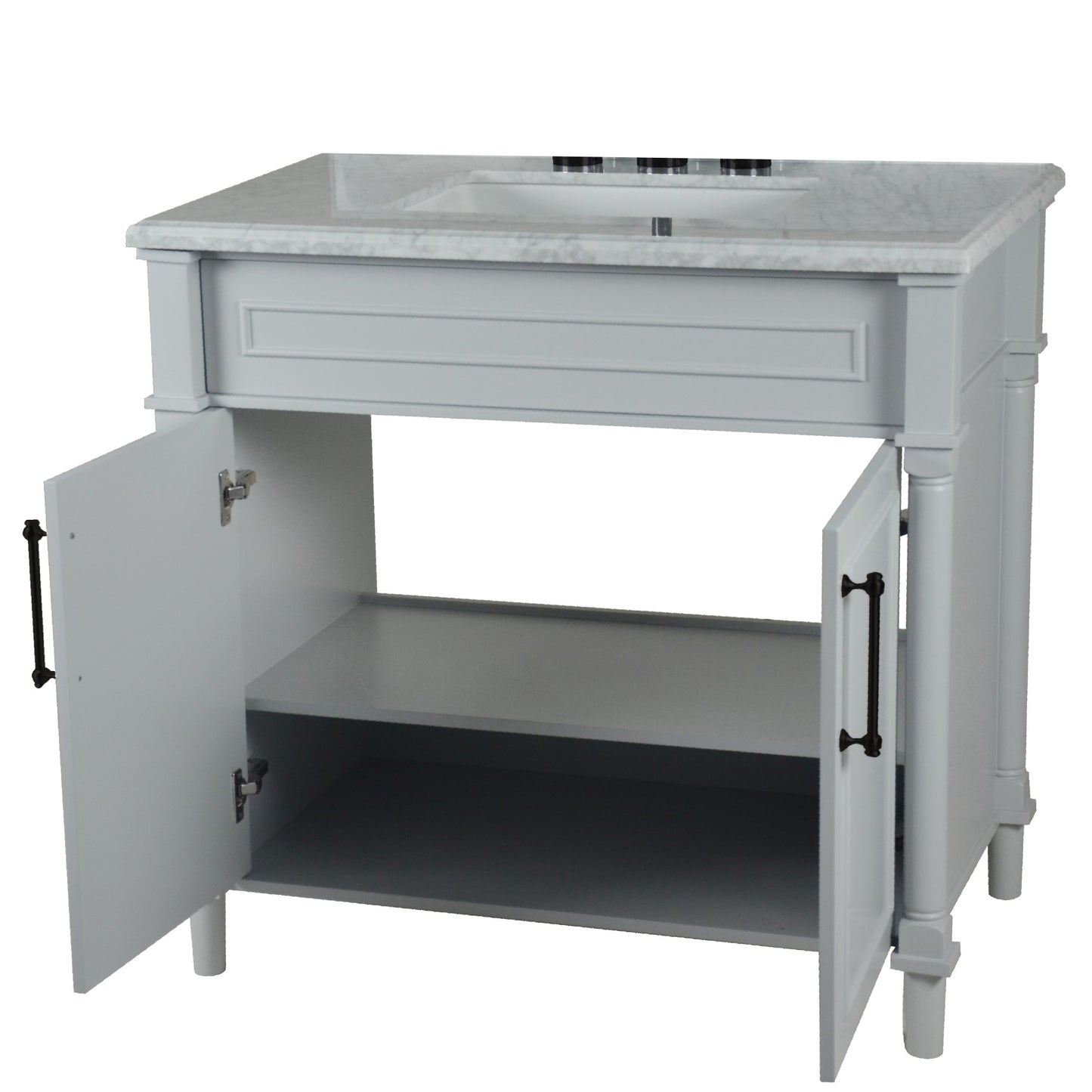 36" SINGLE VANITY IN L/GRAY WITH WHITE CARRRA MARBLE TOP