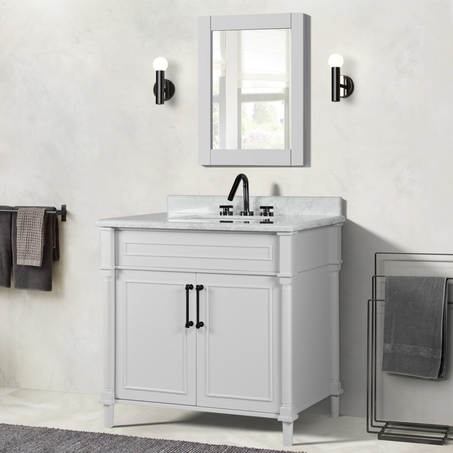 36" SINGLE VANITY IN WHITE WITH WHITE CARRRA MARBLE TOP
