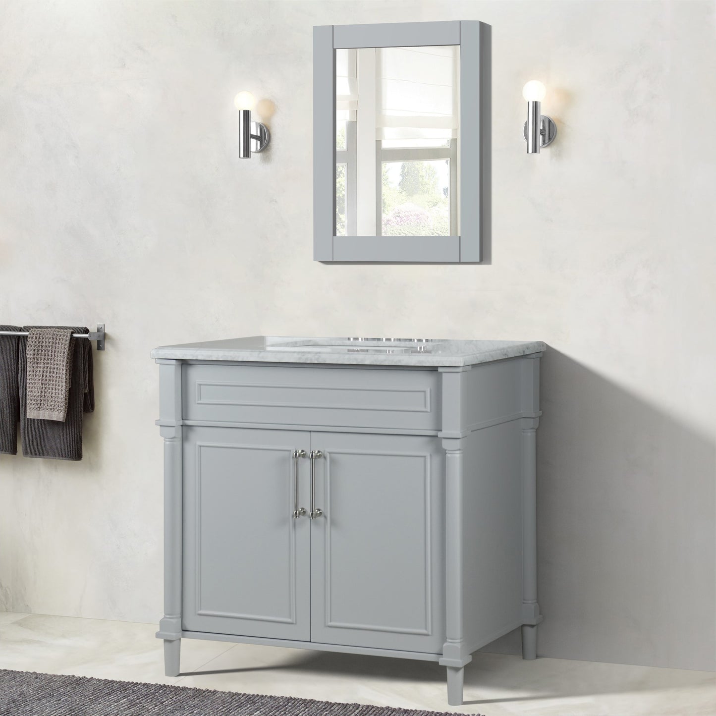36" SINGLE VANITY IN L/GRAY WITH WHITE CARRRA MARBLE TOP
