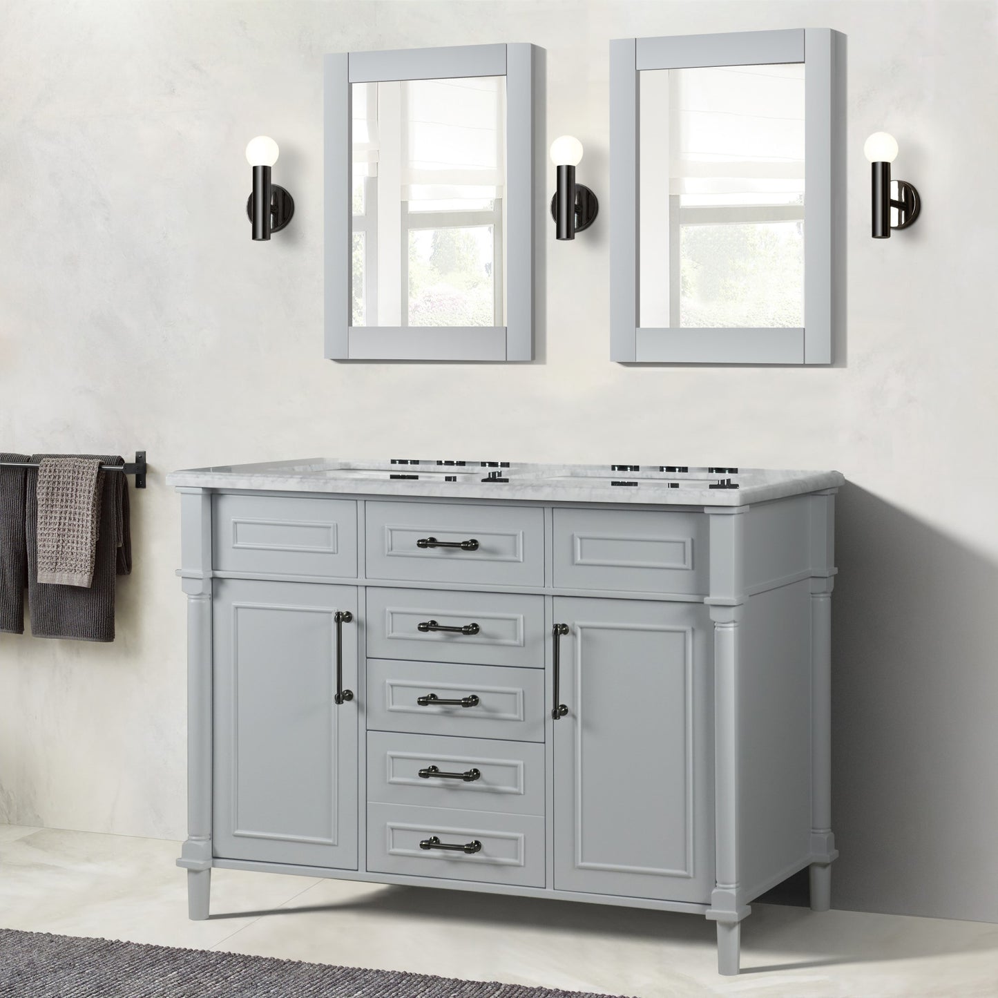 48" DOUBLE VANITY IN L/GRAY WITH WHITE CARRRA MARBLE TOP