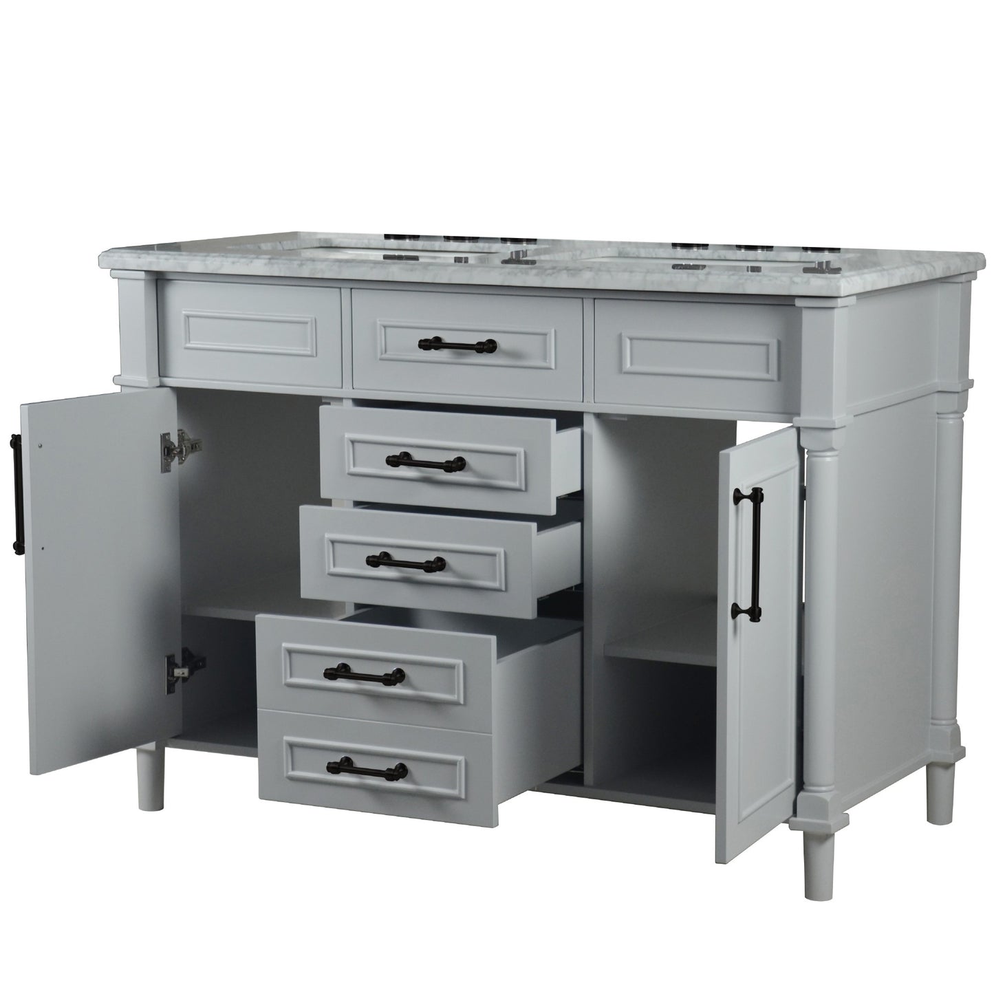 48" DOUBLE VANITY IN L/GRAY WITH WHITE CARRRA MARBLE TOP