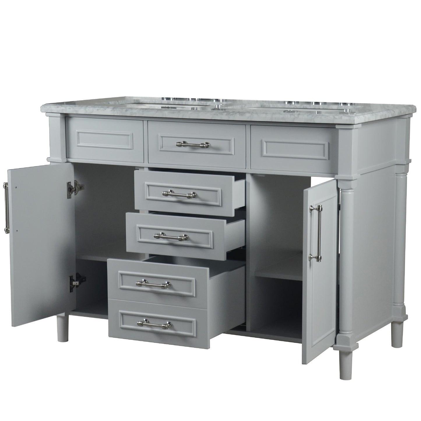 48" DOUBLE VANITY IN L/GRAY WITH WHITE CARRRA MARBLE TOP