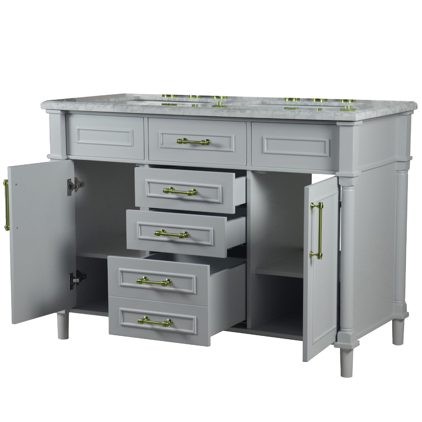 48" DOUBLE VANITY IN L/GRAY WITH WHITE CARRRA MARBLE TOP