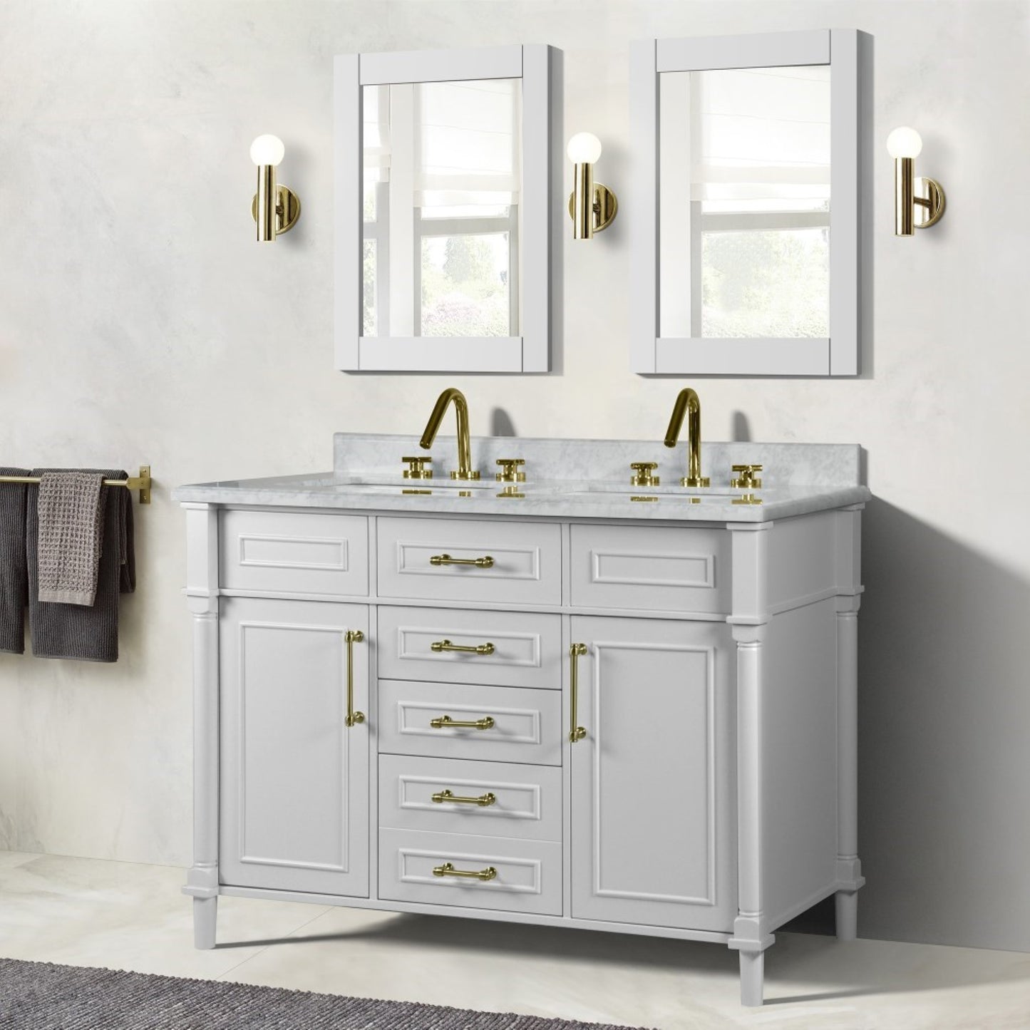 48" DOUBLE VANITY IN WHITE WITH WHITE CARRRA MARBLE TOP
