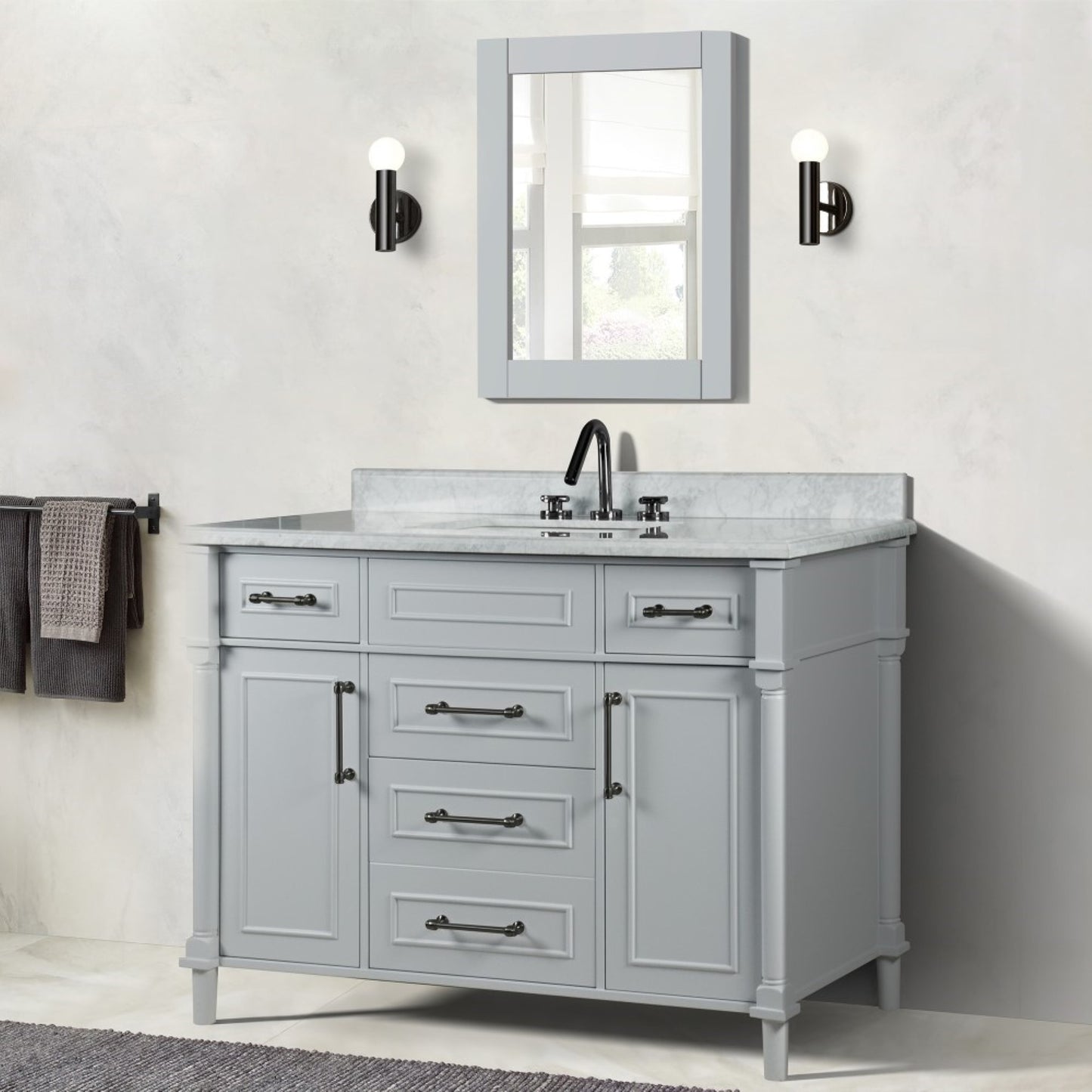 48" SINGLE VANITY IN L/GRAY WITH WHITE CARRRA MARBLE TOP