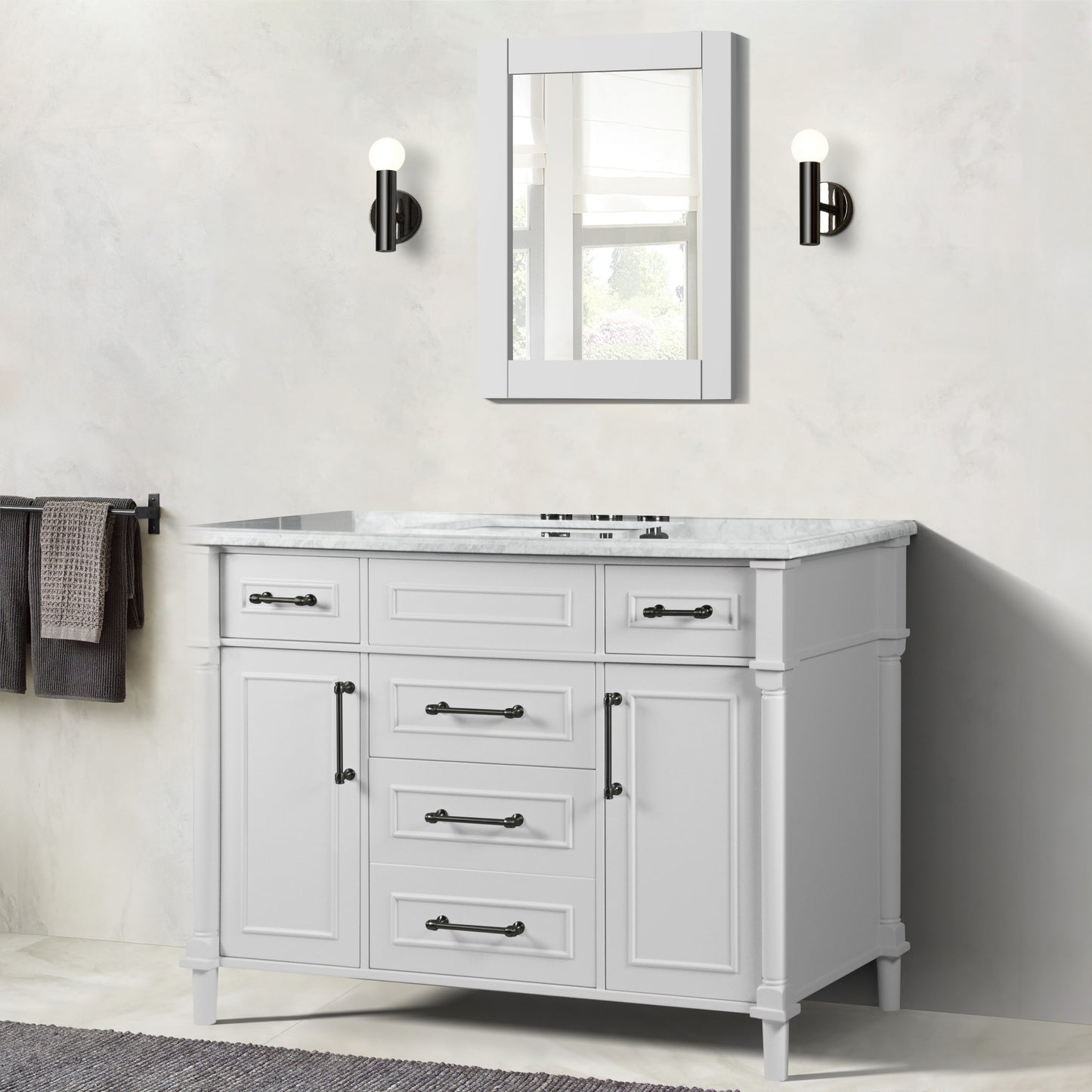 48" SINGLE VANITY IN WHITE WITH WHITE CARRRA MARBLE TOP