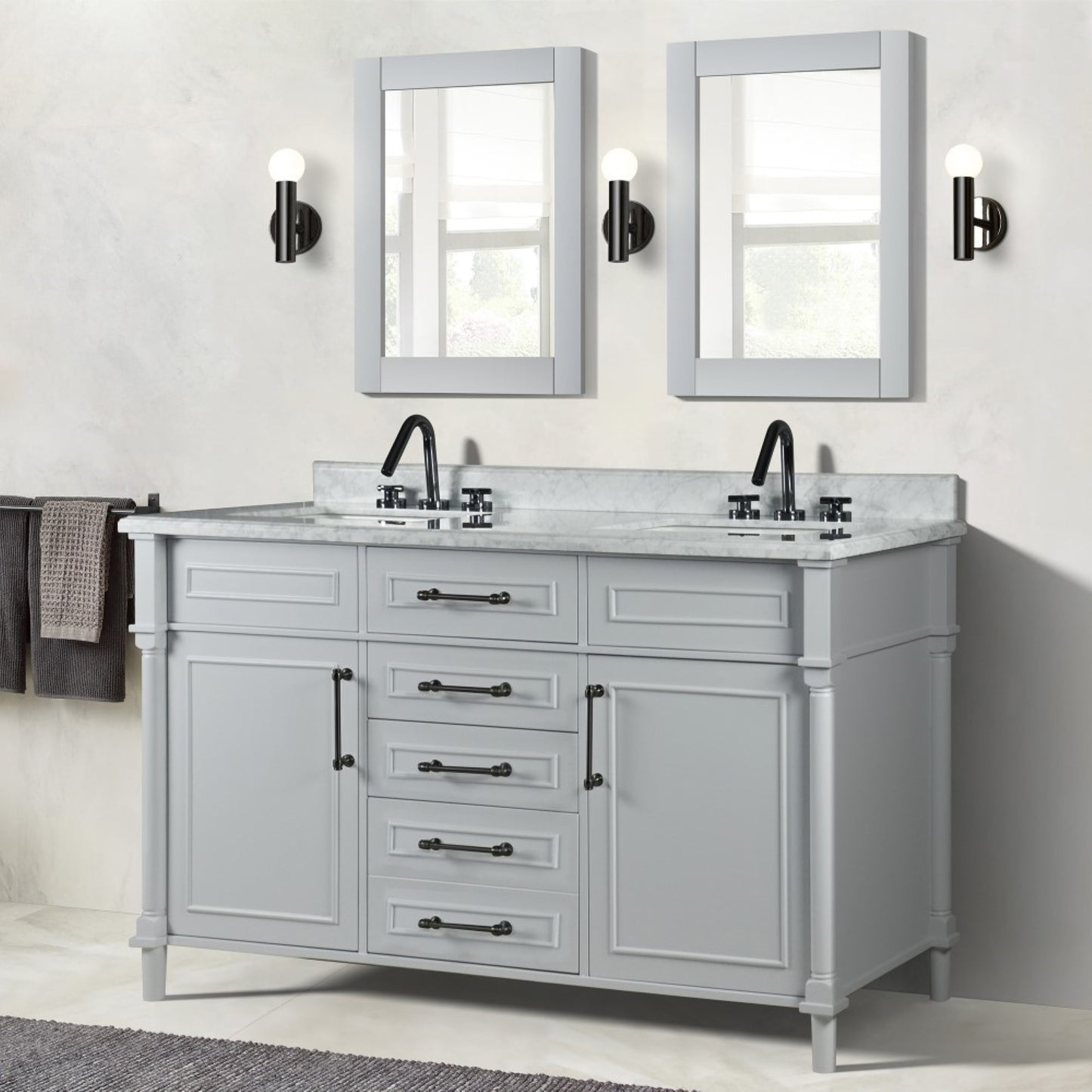 60" DOUBLE VANITY IN L/GRAY WITH WHITE CARRRA MARBLE TOP