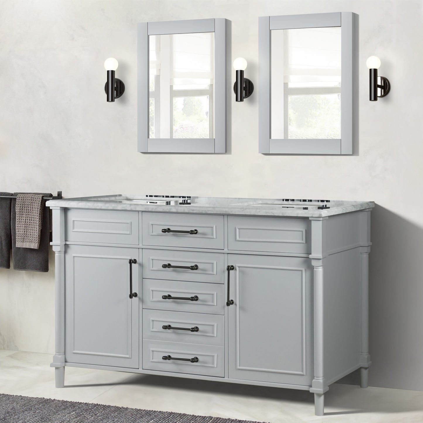60" DOUBLE VANITY IN L/GRAY WITH WHITE CARRRA MARBLE TOP