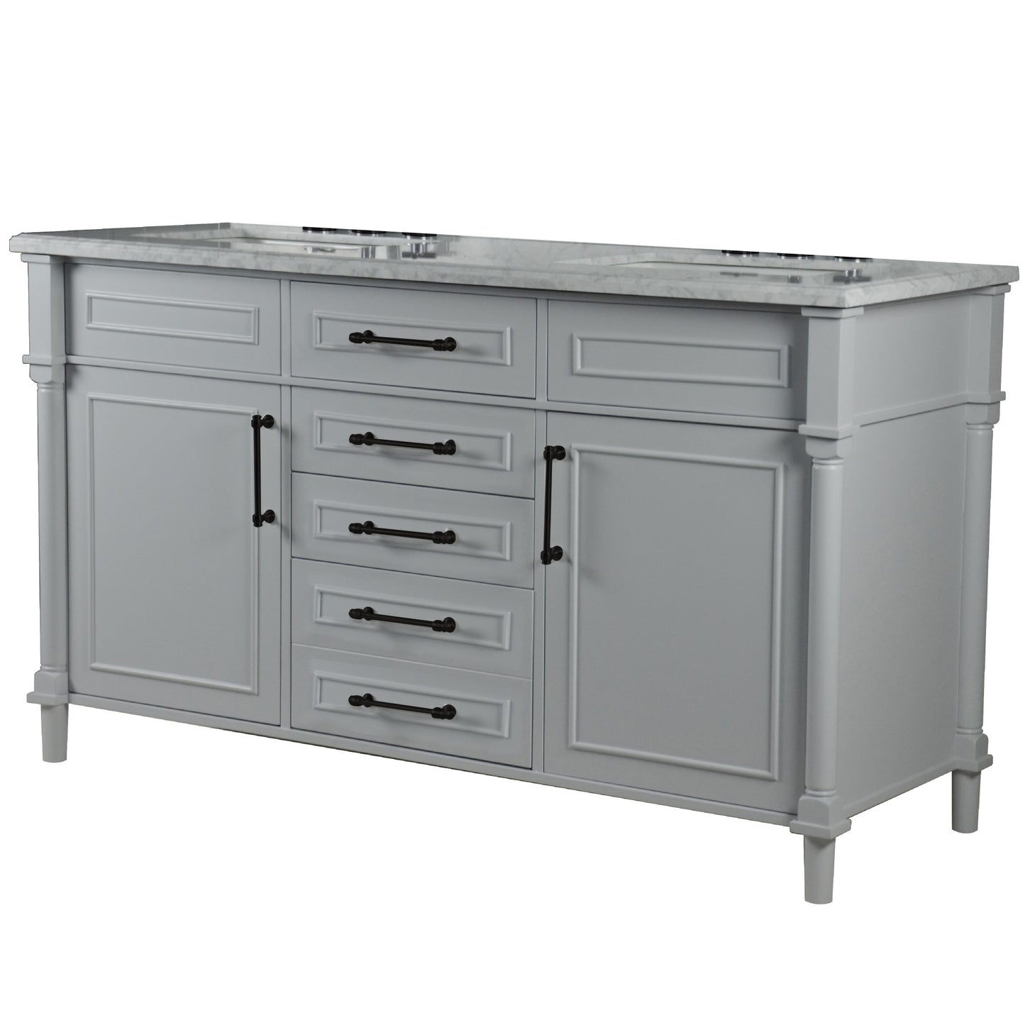 60" DOUBLE VANITY IN L/GRAY WITH WHITE CARRRA MARBLE TOP