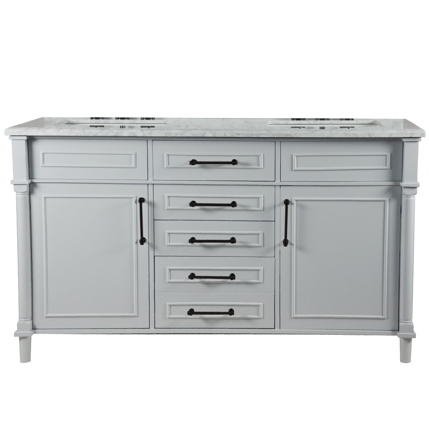 60" DOUBLE VANITY IN L/GRAY WITH WHITE CARRRA MARBLE TOP
