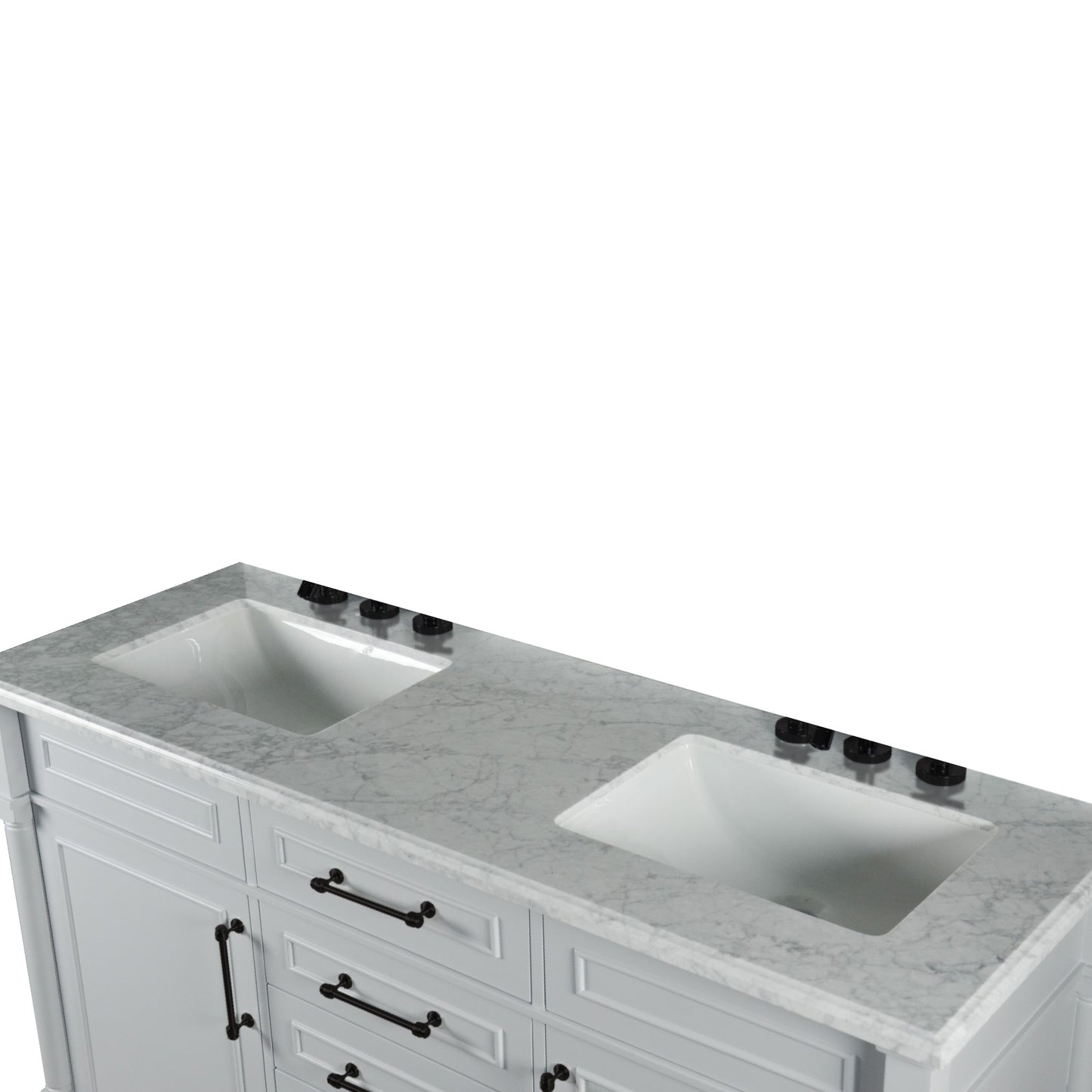 60" DOUBLE VANITY IN L/GRAY WITH WHITE CARRRA MARBLE TOP