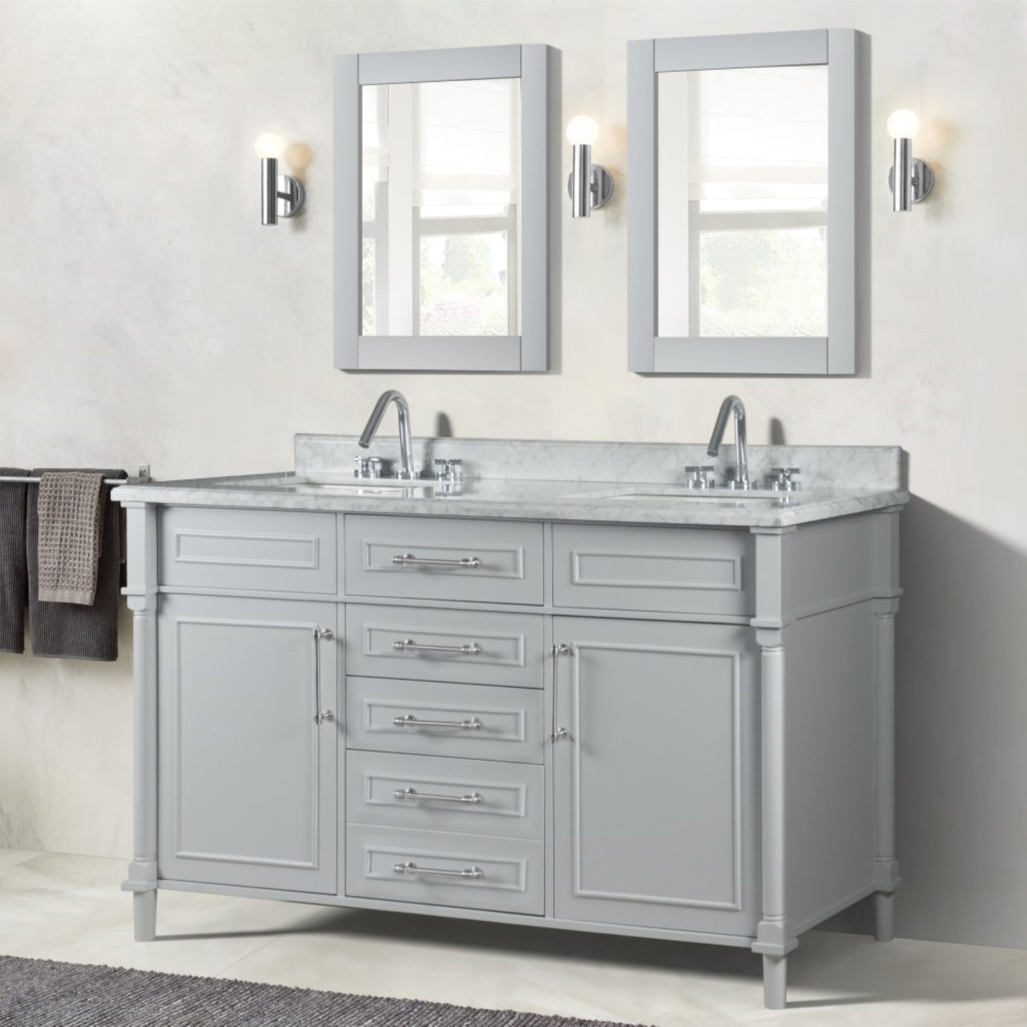 60" DOUBLE VANITY IN L/GRAY WITH WHITE CARRRA MARBLE TOP