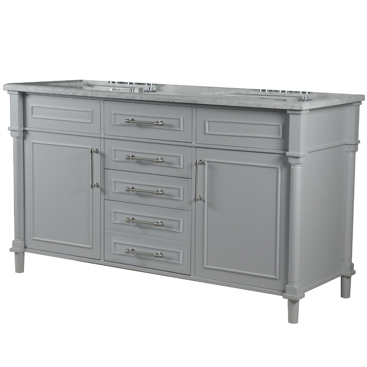 60" DOUBLE VANITY IN L/GRAY WITH WHITE CARRRA MARBLE TOP