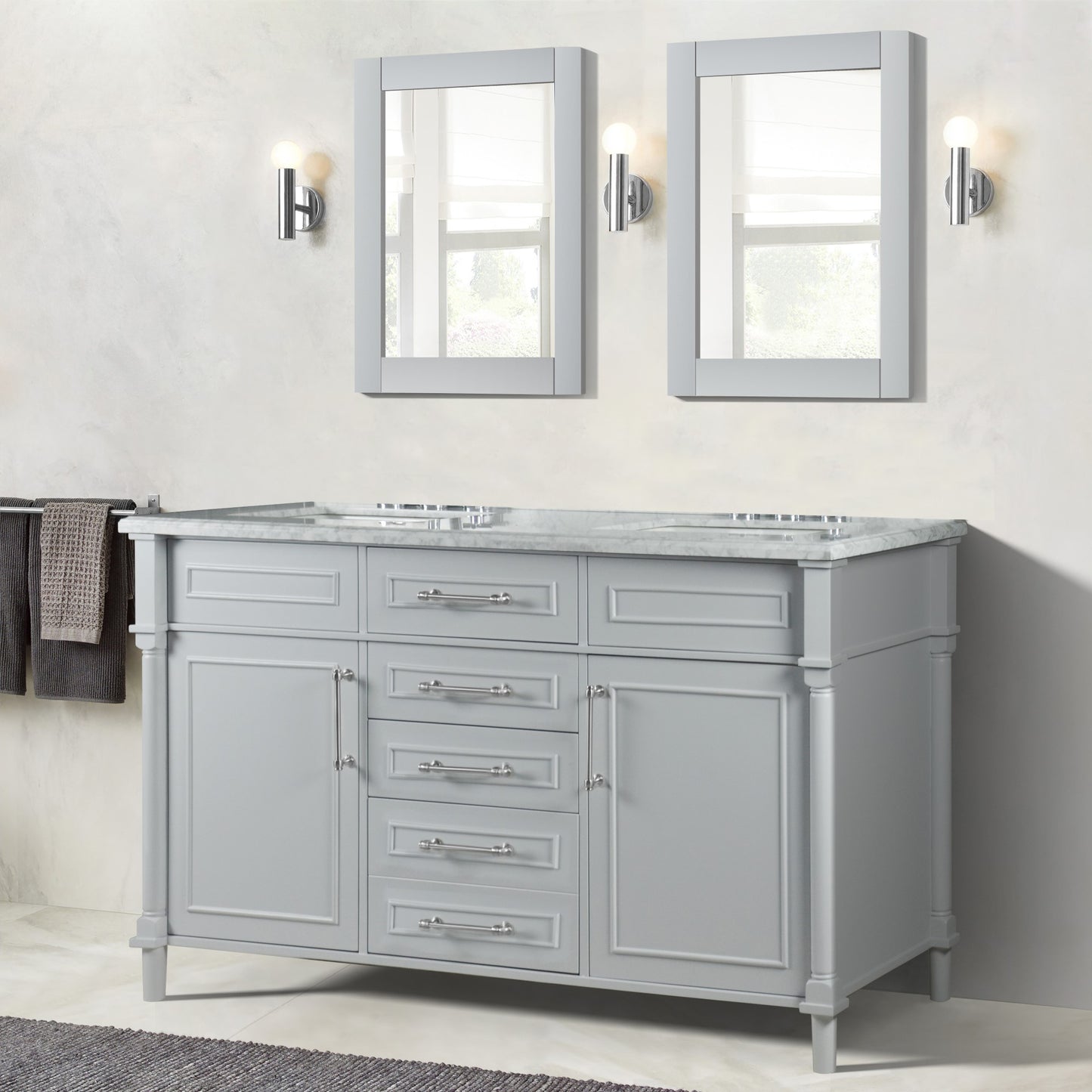 60" DOUBLE VANITY IN L/GRAY WITH WHITE CARRRA MARBLE TOP