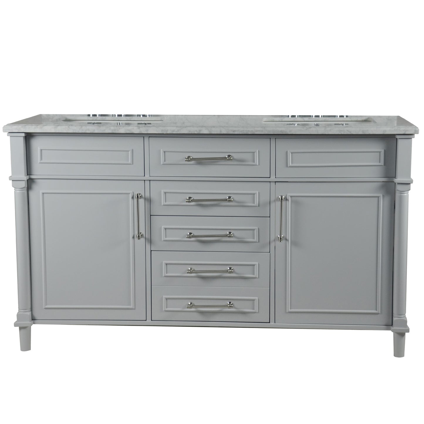 60" DOUBLE VANITY IN L/GRAY WITH WHITE CARRRA MARBLE TOP