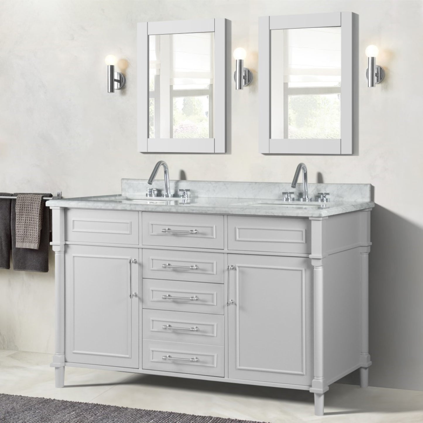 60" DOUBLE VANITY IN WHITE WITH WHITE CARRRA MARBLE TOP