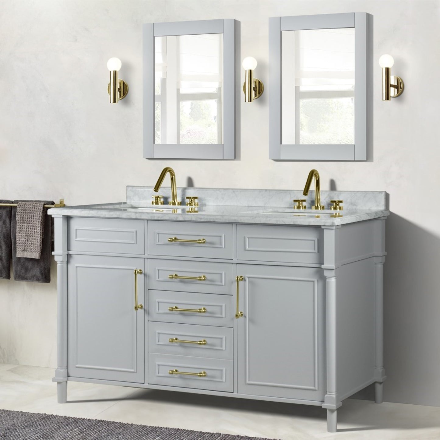60" DOUBLE VANITY IN L/GRAY WITH WHITE CARRRA MARBLE TOP