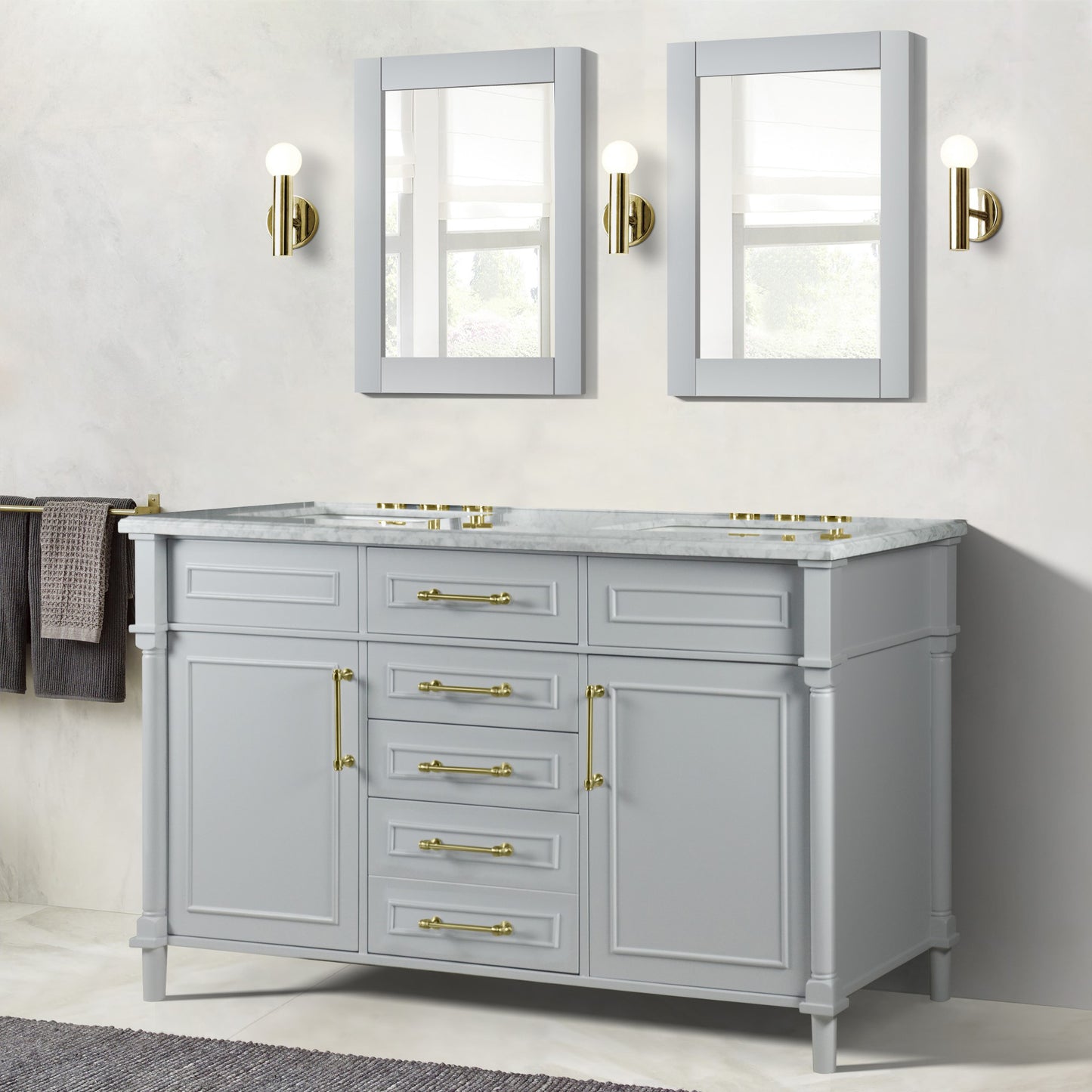 60" DOUBLE VANITY IN L/GRAY WITH WHITE CARRRA MARBLE TOP