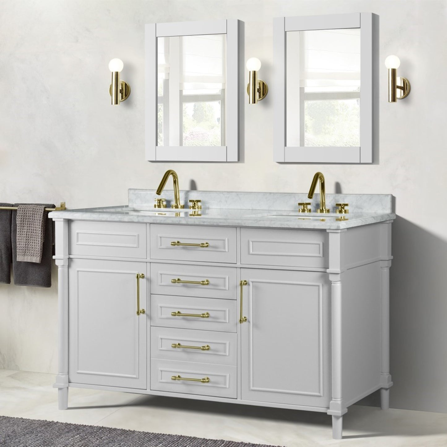 60" DOUBLE VANITY IN WHITE WITH WHITE CARRRA MARBLE TOP