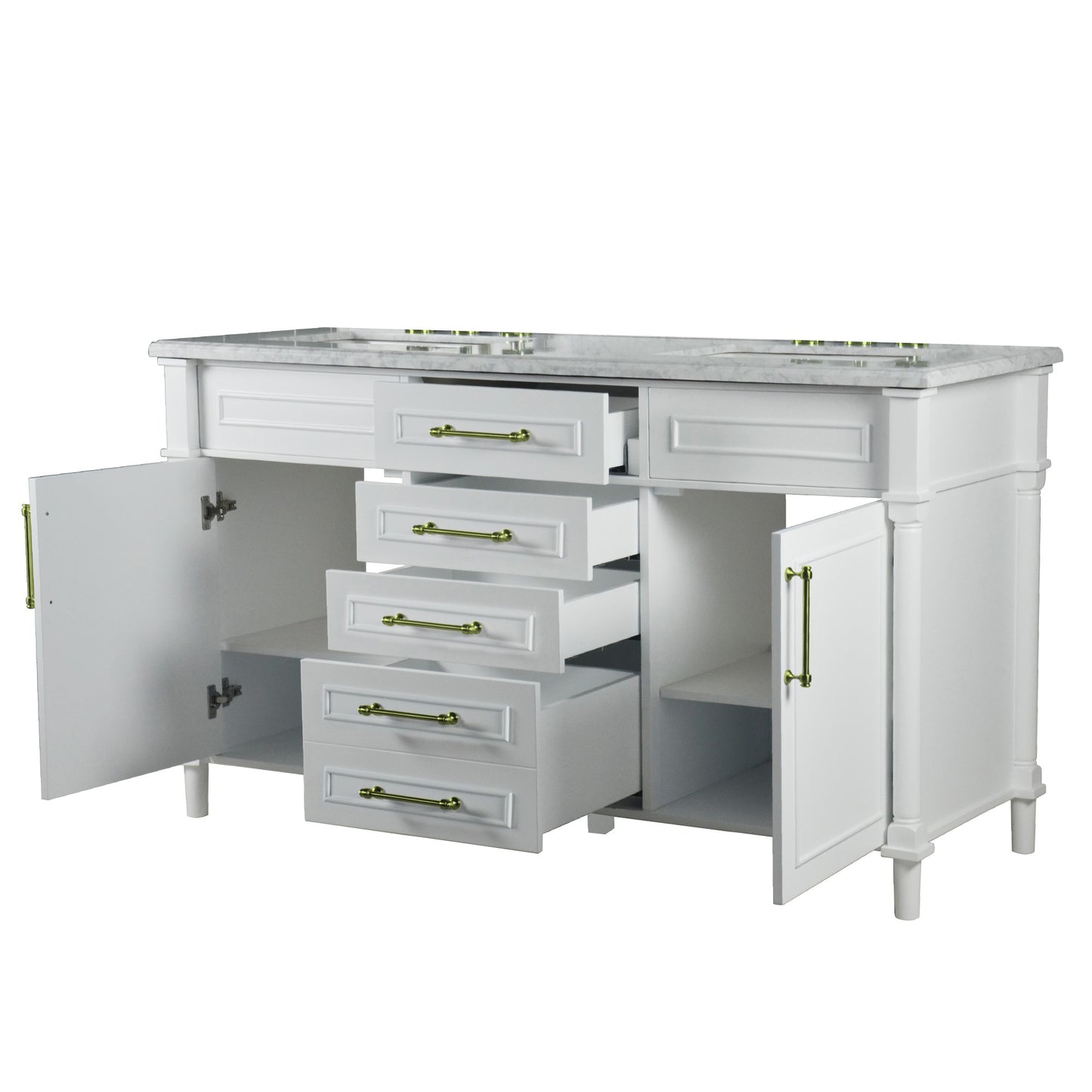 60" DOUBLE VANITY IN WHITE WITH WHITE CARRRA MARBLE TOP