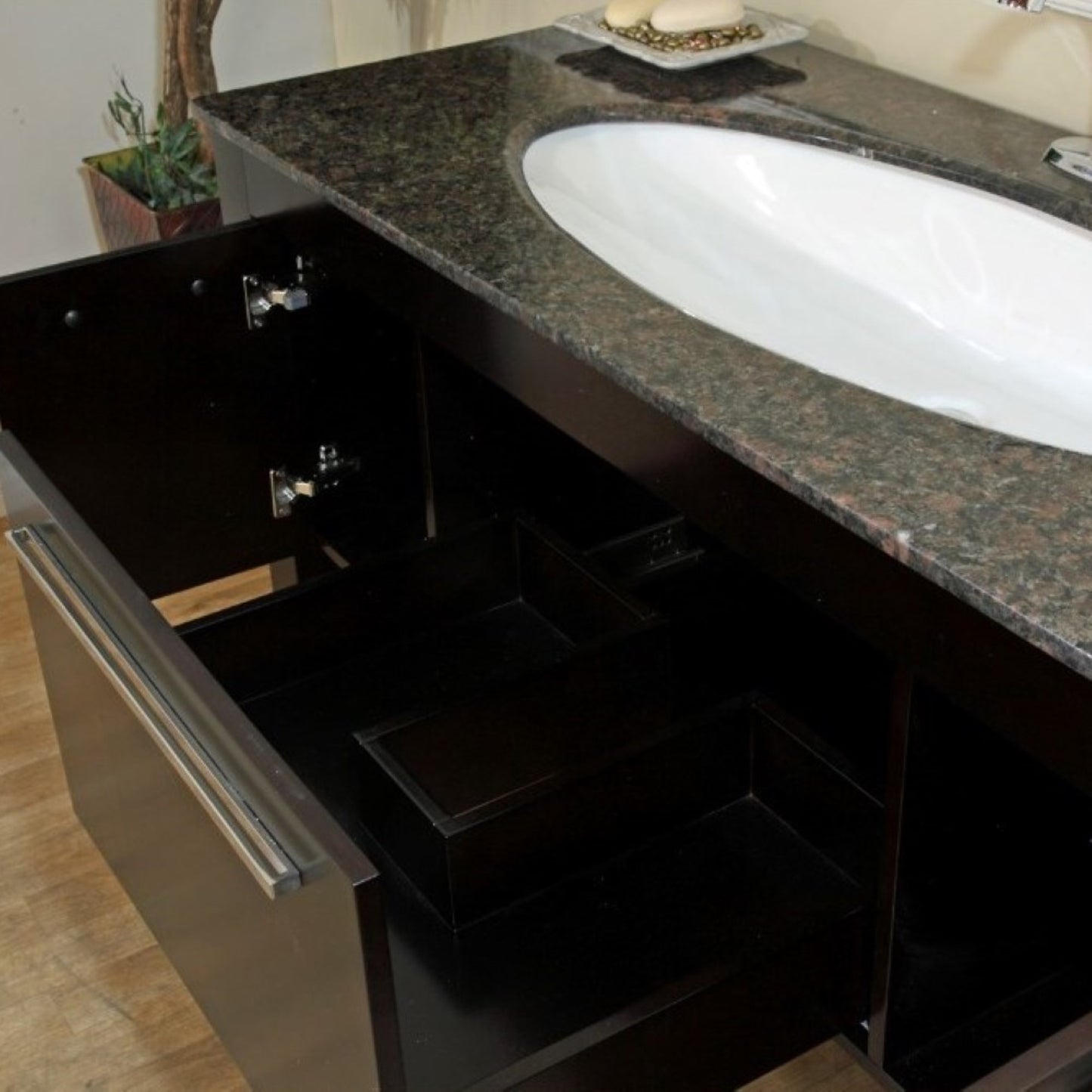55.3" Single sink vanity Dark walnut Baltic Brown marble