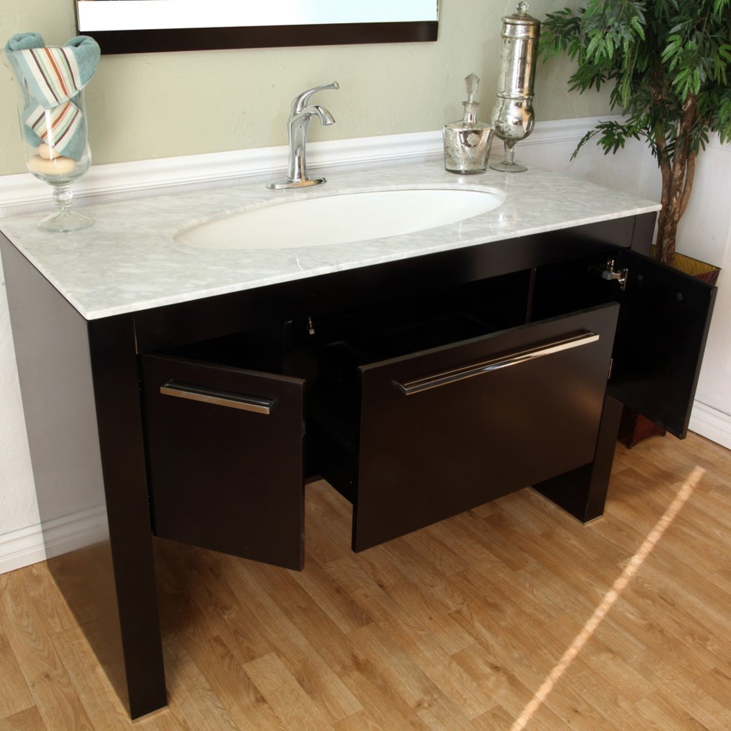 55.3" Single sink vanity Dark walnut white marble