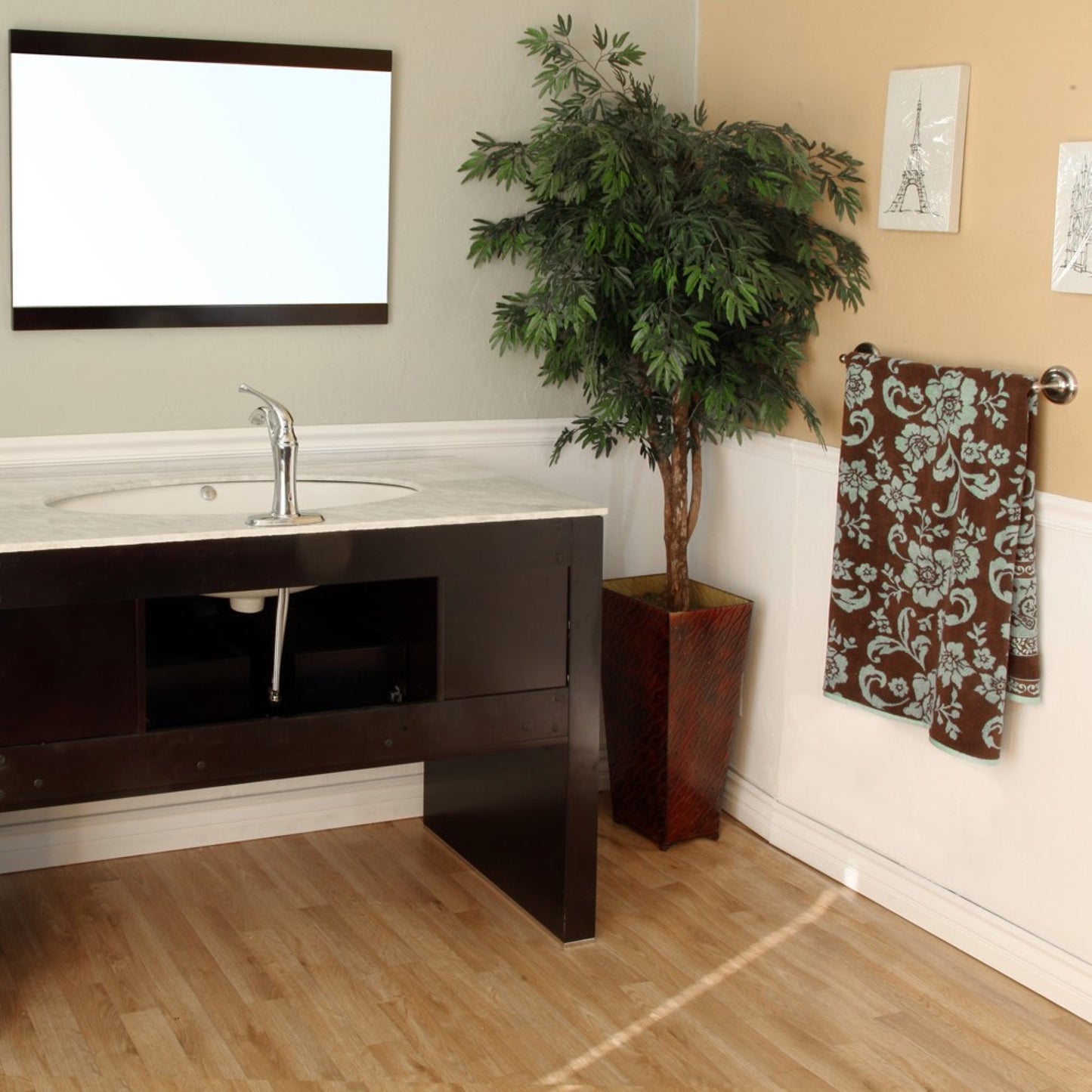 55.3" Single sink vanity Dark walnut white marble