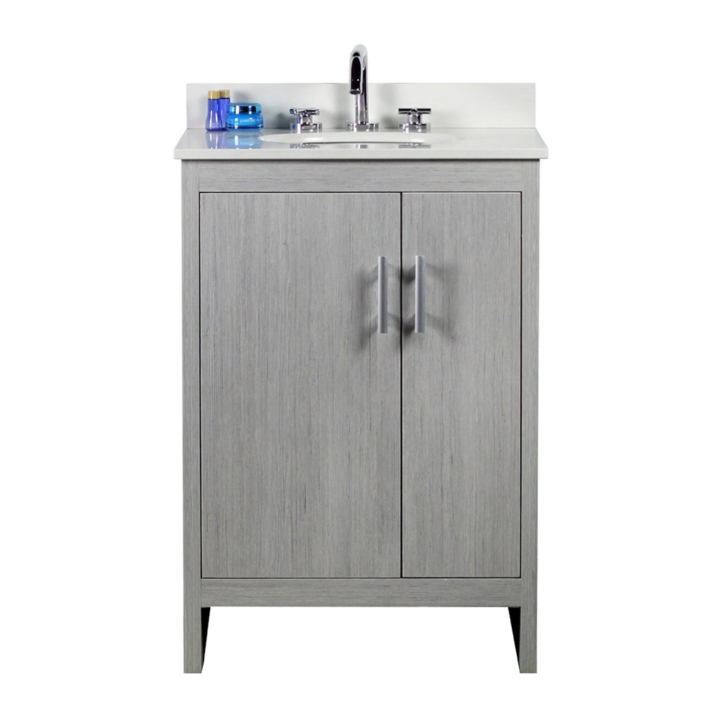 25" Single vanity in Gray Pine finish top with White engineered stone and oval sink