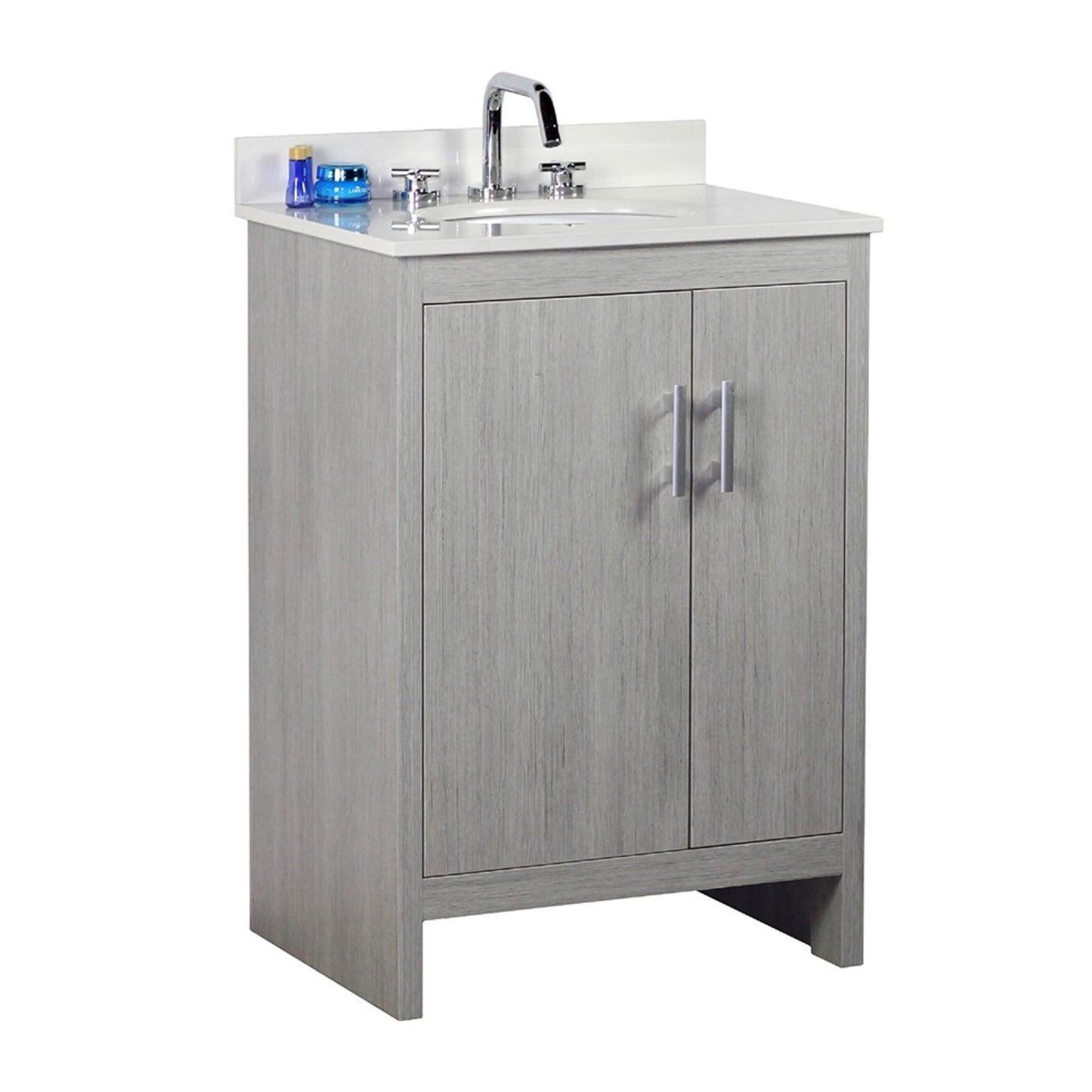 25" Single vanity in Gray Pine finish top with White engineered stone and oval sink