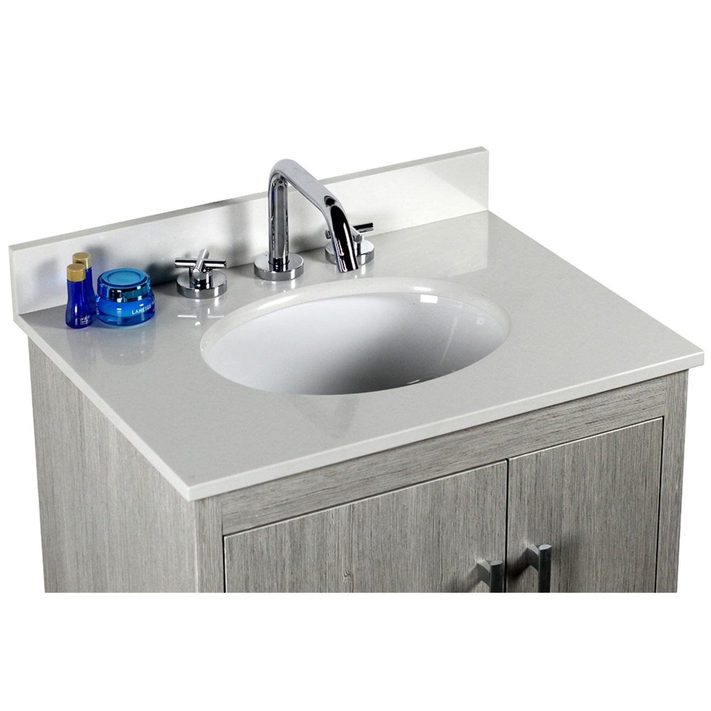25" Single vanity in Gray Pine finish top with White engineered stone and oval sink