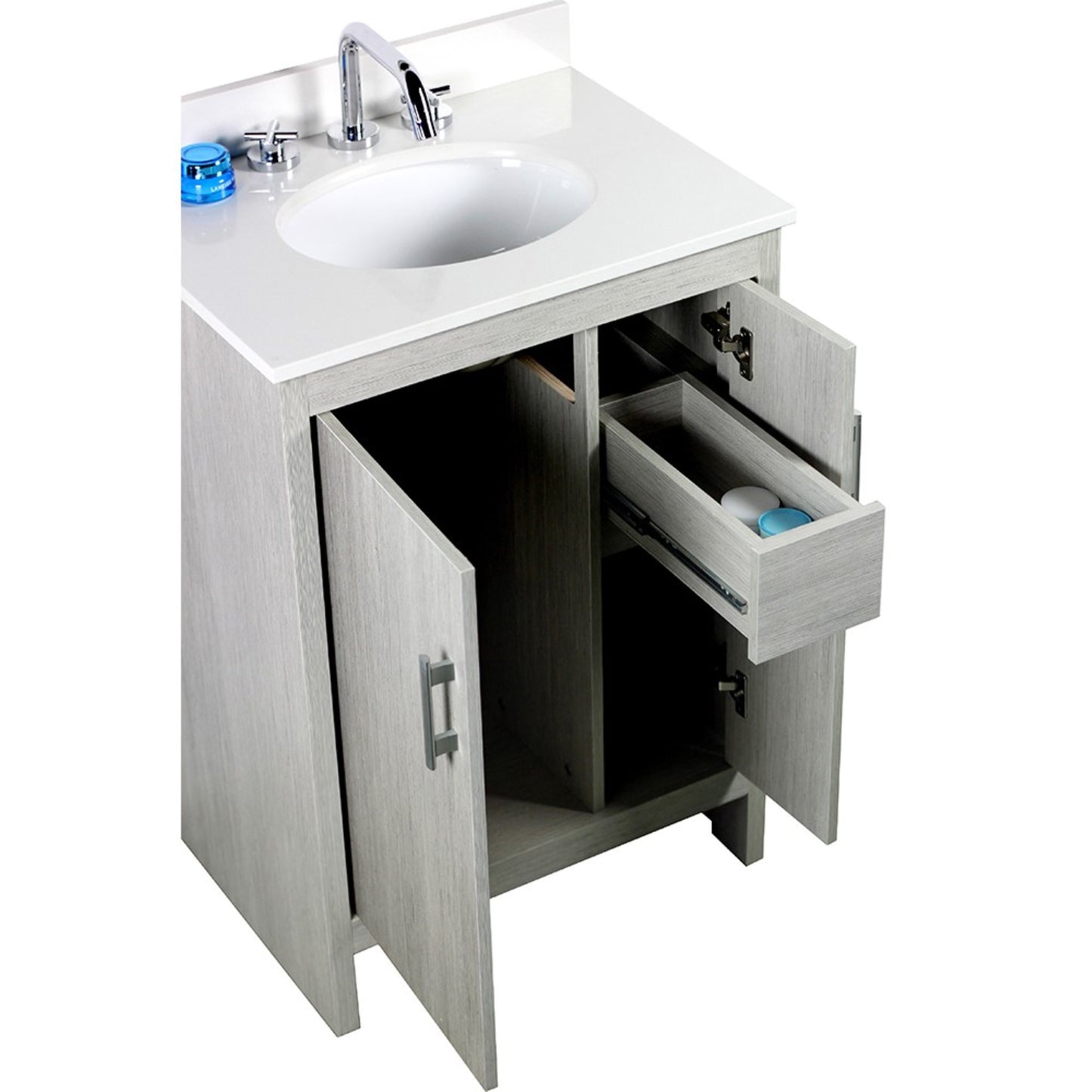 25" Single vanity in Gray Pine finish top with White engineered stone and oval sink