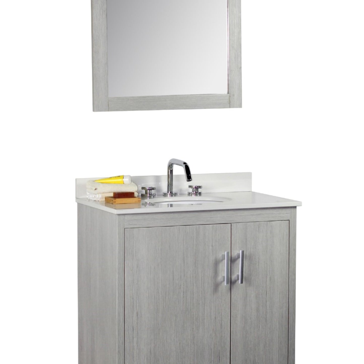 31" Single vanity in Gray Pine finish top with White engineered stone and oval sink