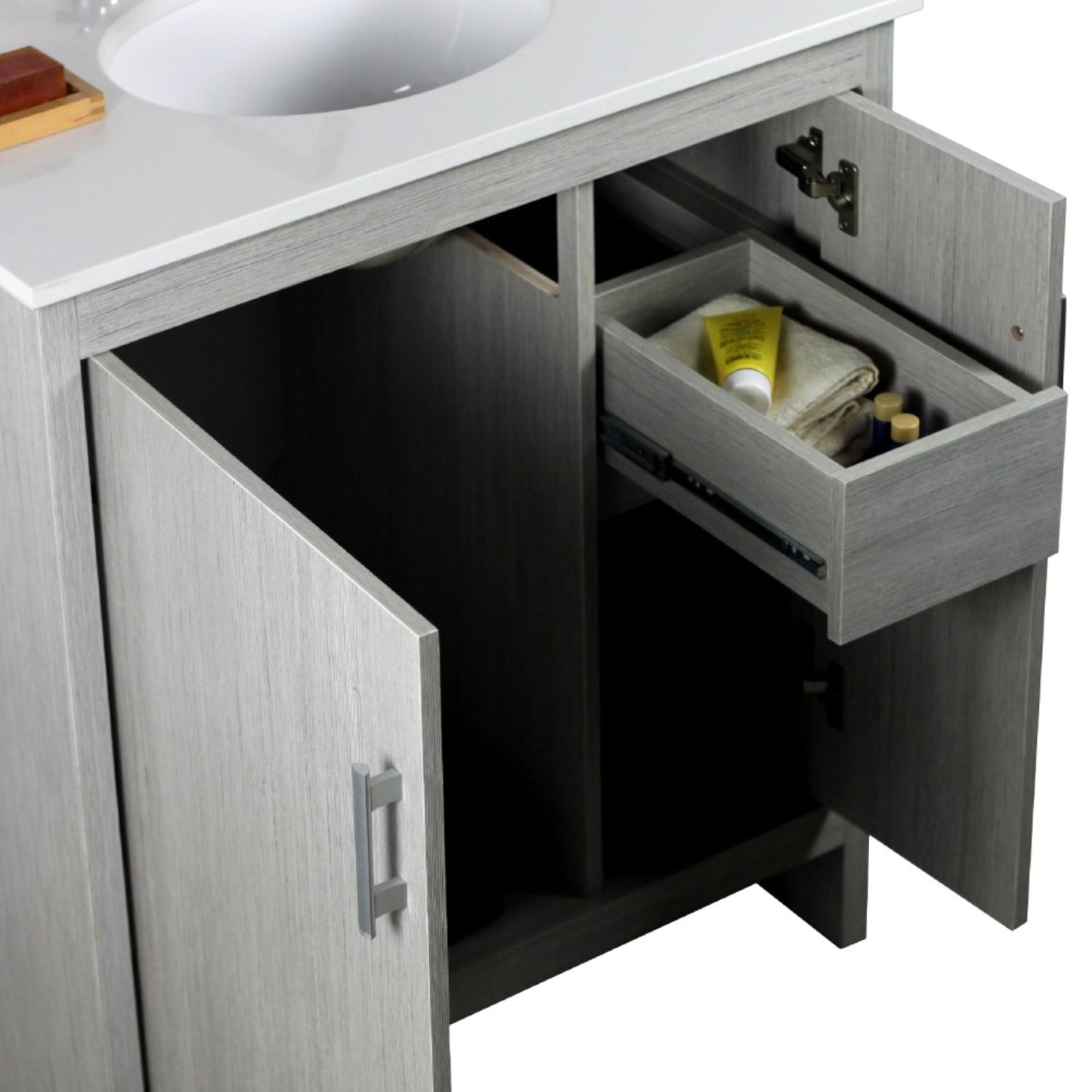 31" Single vanity in Gray Pine finish top with White engineered stone and oval sink