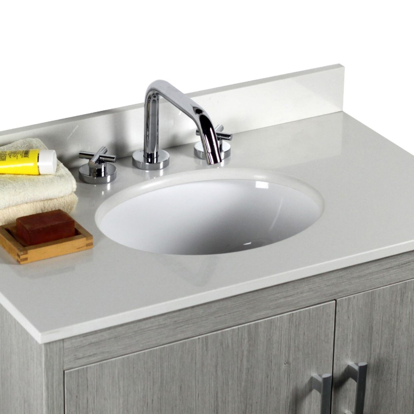 31" Single vanity in Gray Pine finish top with White engineered stone and oval sink