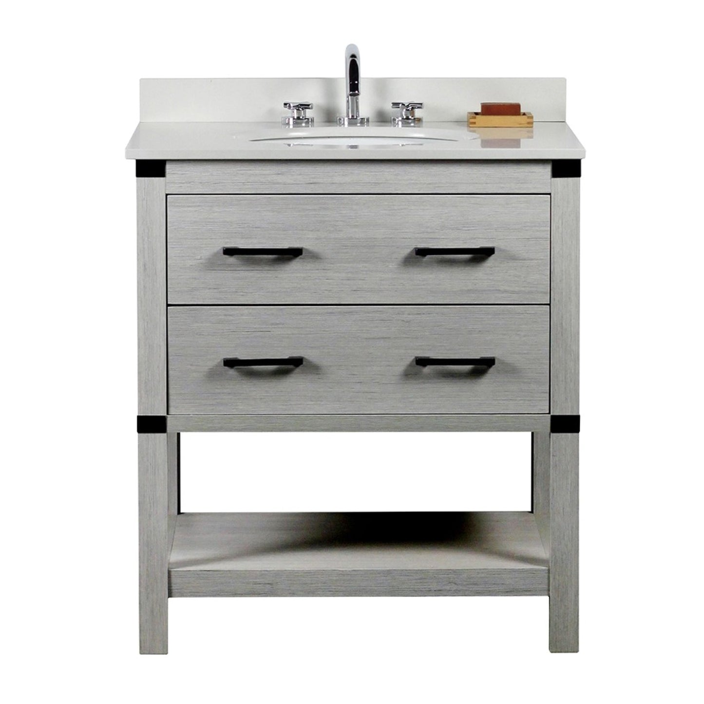 31" Single vanity in Gray Pine finish top with White engineered stone and oval sink
