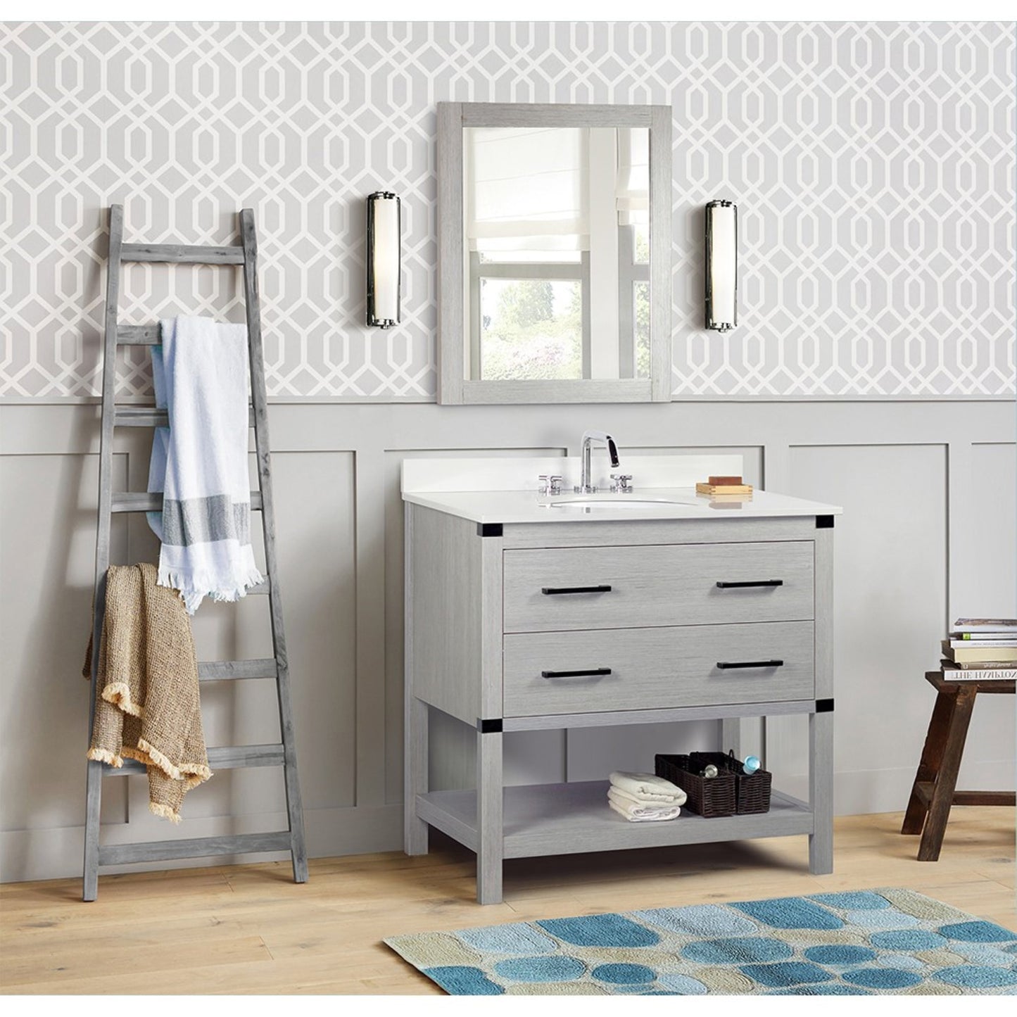 37" Single vanity in Gray Pine finish top with White engineered stone and oval sink