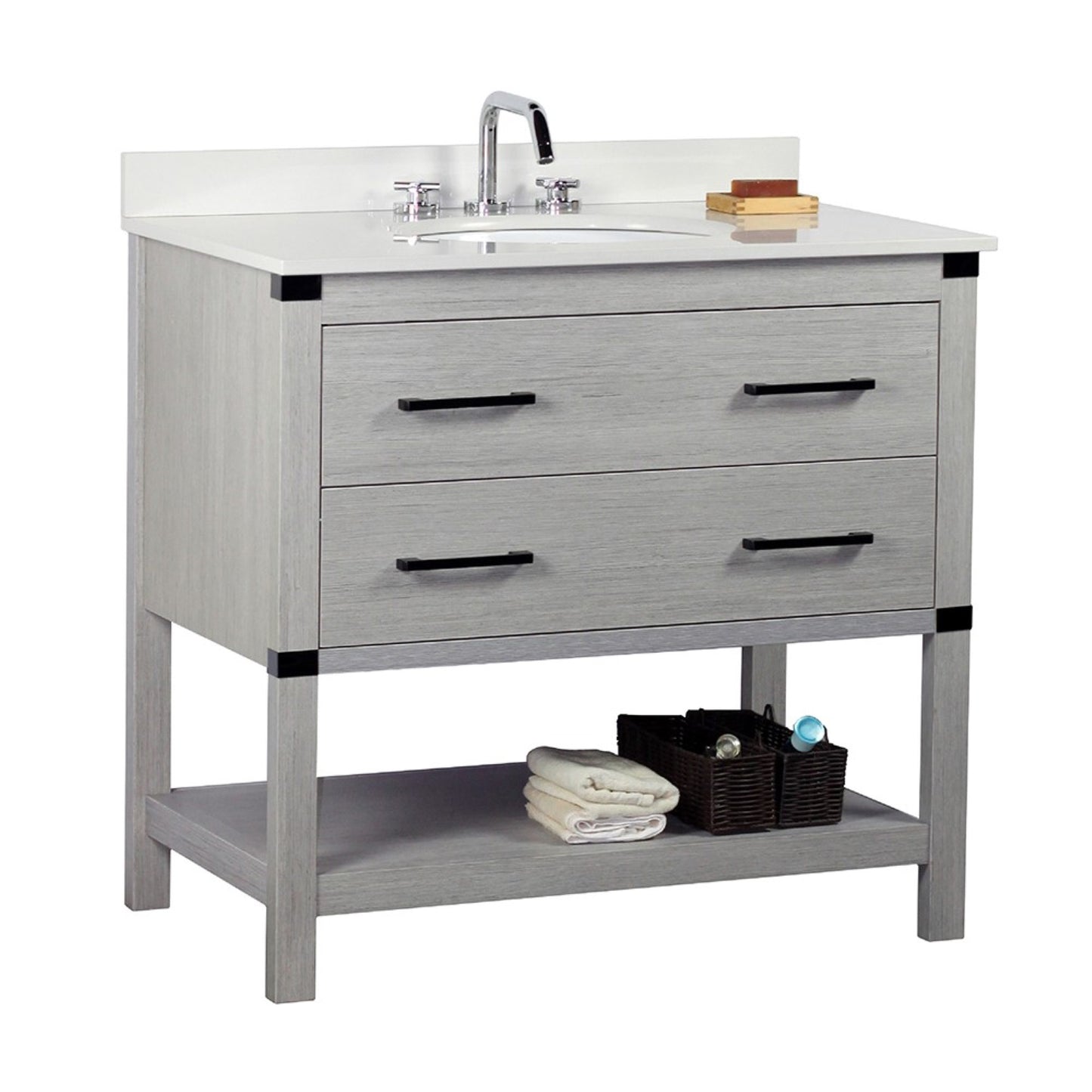 37" Single vanity in Gray Pine finish top with White engineered stone and oval sink